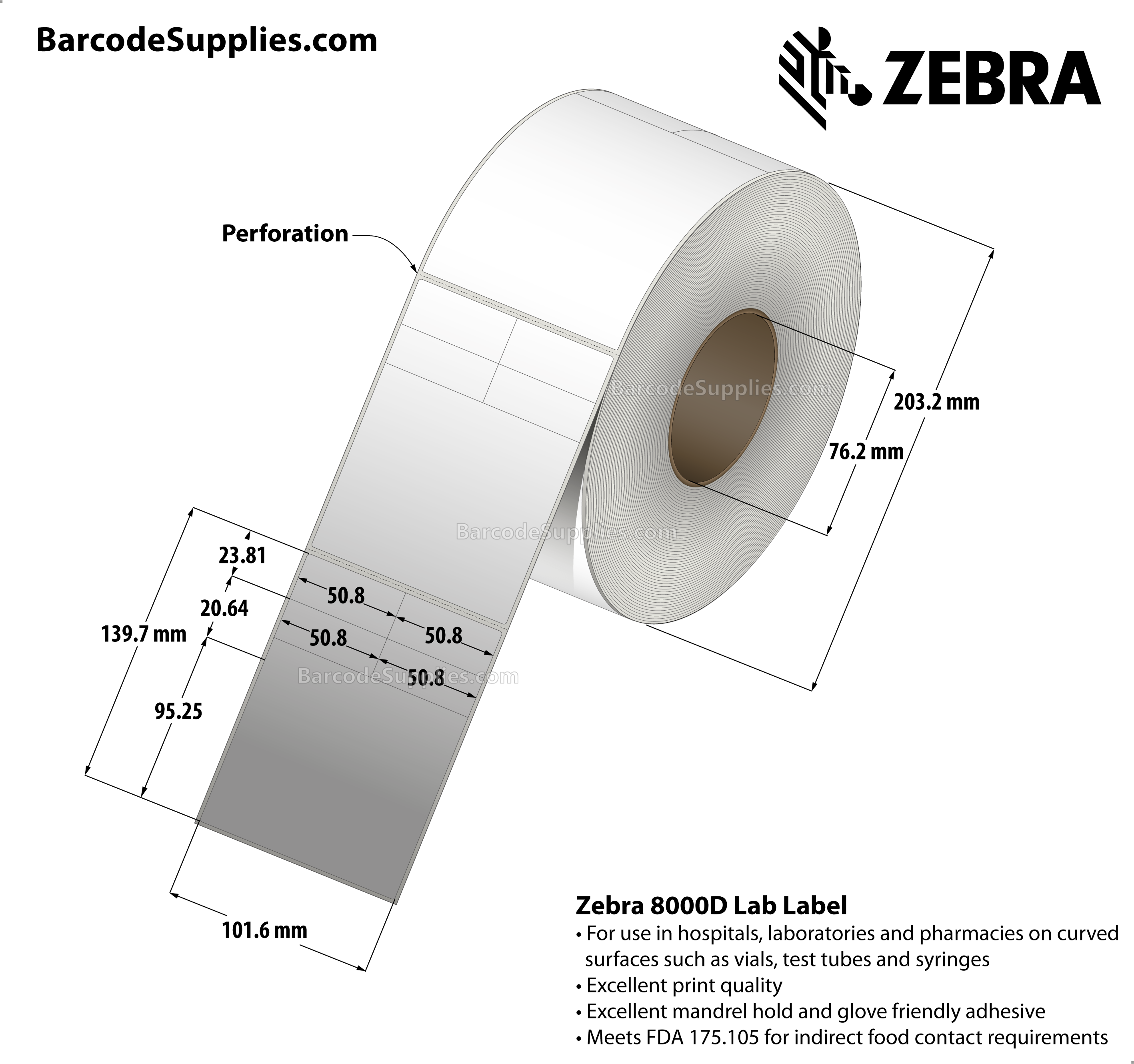 4 x 5.5 Direct Thermal White 8000D Lab Labels With High-tack Adhesive - Perforated - 1050 Labels Per Roll - Carton Of 4 Rolls - 4200 Labels Total - MPN: 10018338