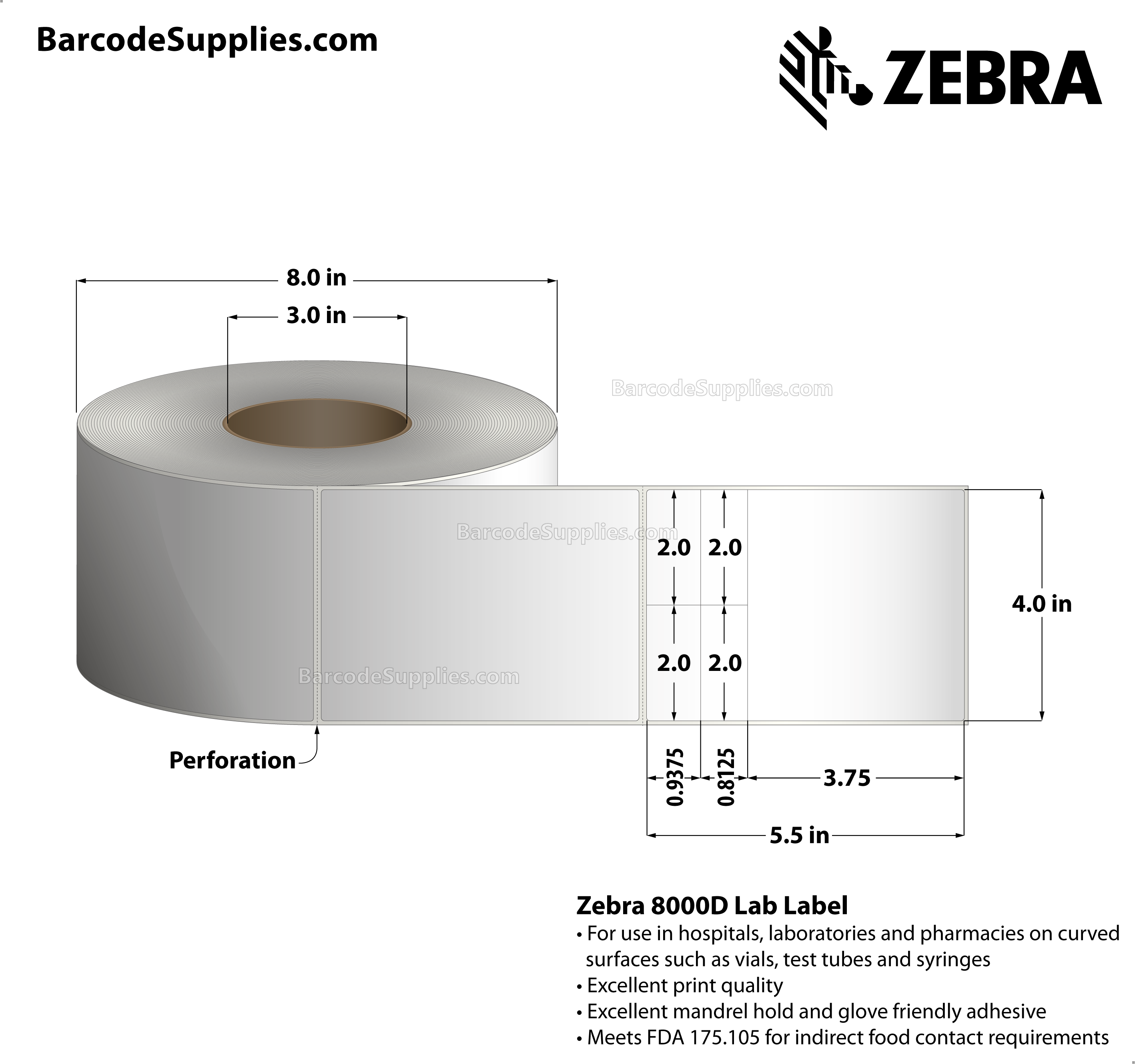 4 x 5.5 Direct Thermal White 8000D Lab Labels With High-tack Adhesive - Perforated - 1050 Labels Per Roll - Carton Of 4 Rolls - 4200 Labels Total - MPN: 10018338
