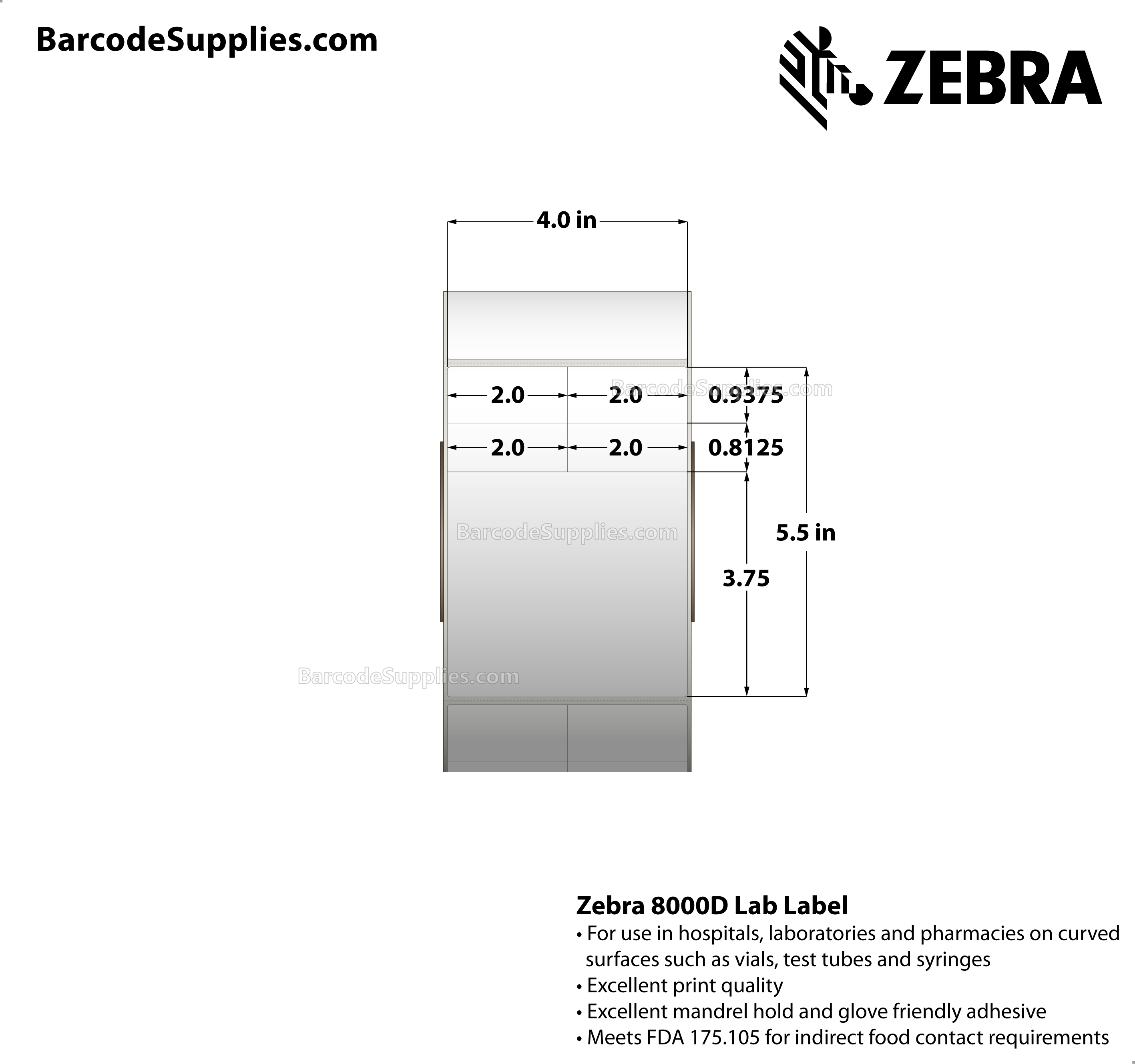 4 x 5.5 Direct Thermal White 8000D Lab Labels With High-tack Adhesive - Perforated - 1050 Labels Per Roll - Carton Of 4 Rolls - 4200 Labels Total - MPN: 10018338
