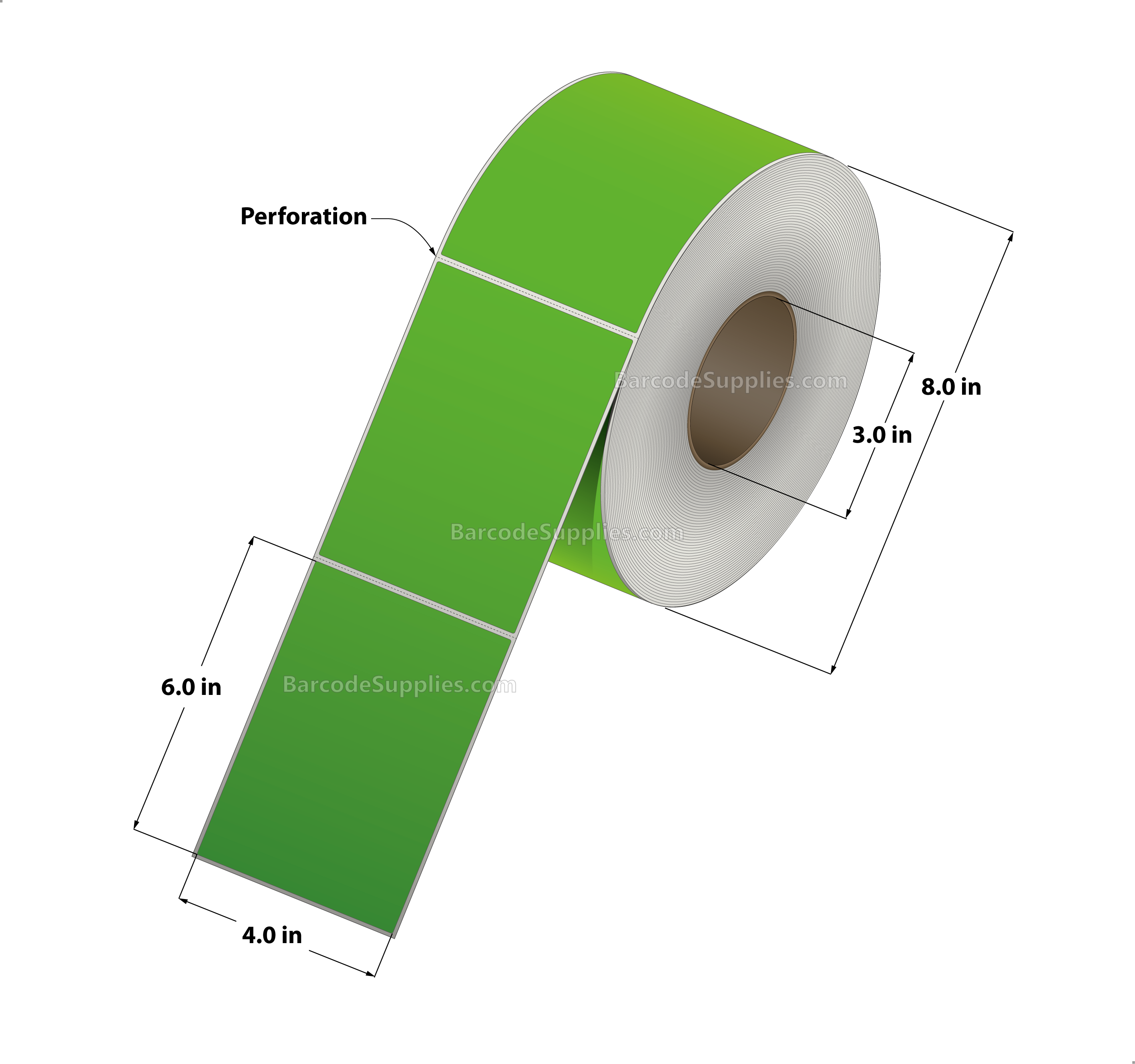 4 x 6 Thermal Transfer Fluorescent Green Labels With Permanent Acrylic Adhesive - Perforated - 1000 Labels Per Roll - Carton Of 4 Rolls - 4000 Labels Total - MPN: TH46-1PFG