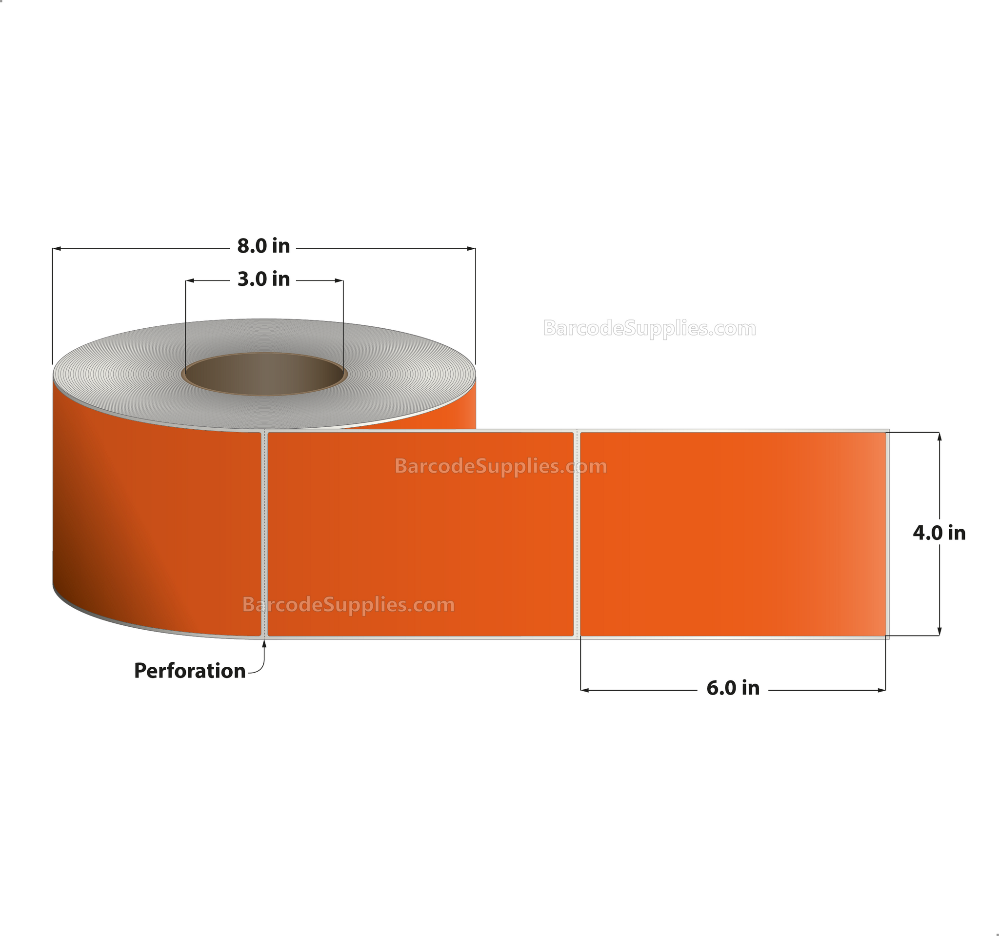 4 x 6 Thermal Transfer Fluorescent Orange Labels With Permanent Acrylic Adhesive - Perforated - 1000 Labels Per Roll - Carton Of 4 Rolls - 4000 Labels Total - MPN: TH46-1PFO