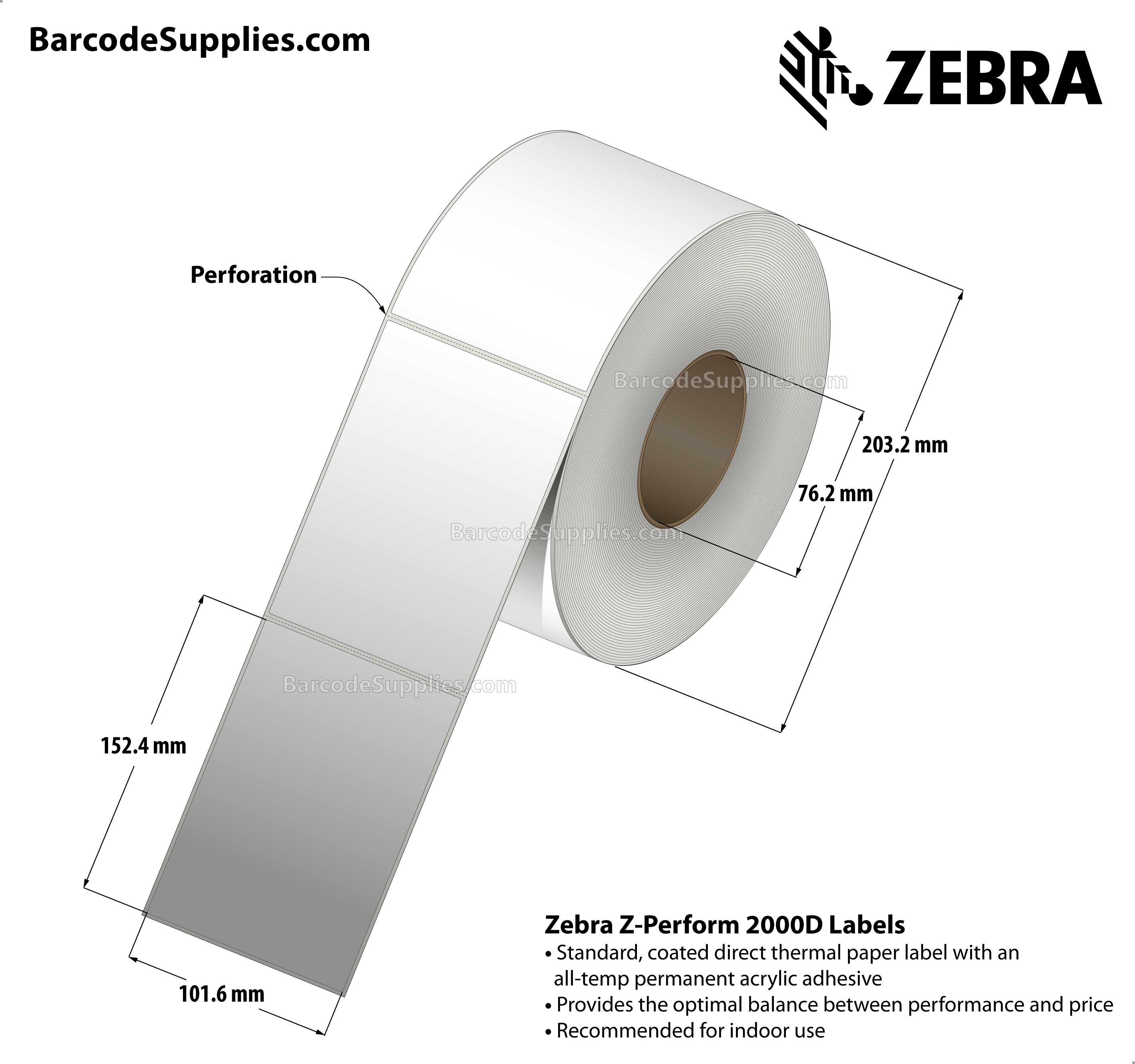 4 x 6 Direct Thermal White Z-Perform 2000D Labels With All-Temp Adhesive - Perforated - 1000 Labels Per Roll - Carton Of 4 Rolls - 4000 Labels Total - MPN: 10000290