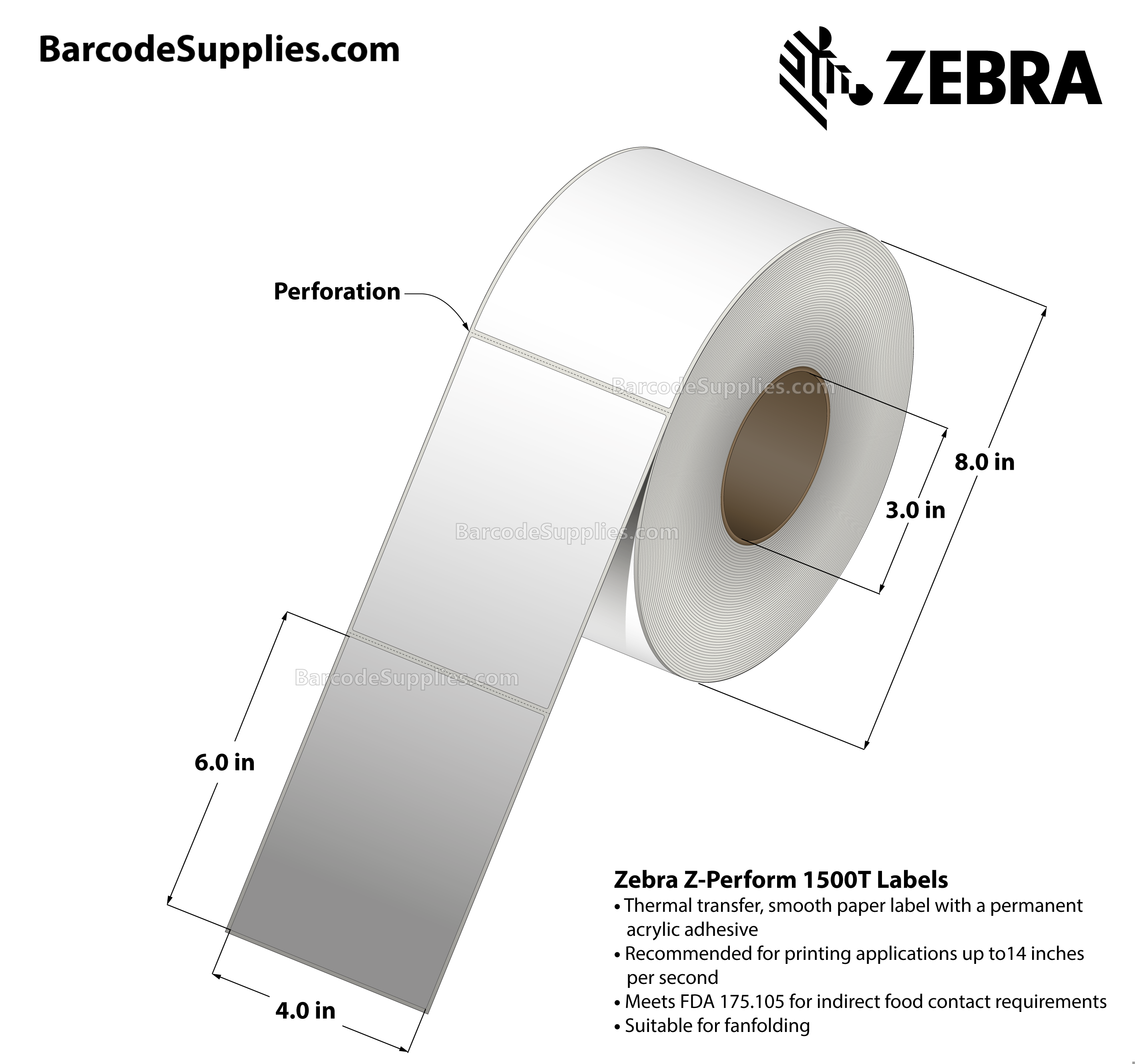 4 x 6 Thermal Transfer White Z-Perform 1500T Labels With Permanent Adhesive - Perforated - 1000 Labels Per Roll - Carton Of 4 Rolls - 4000 Labels Total - MPN: 10018340