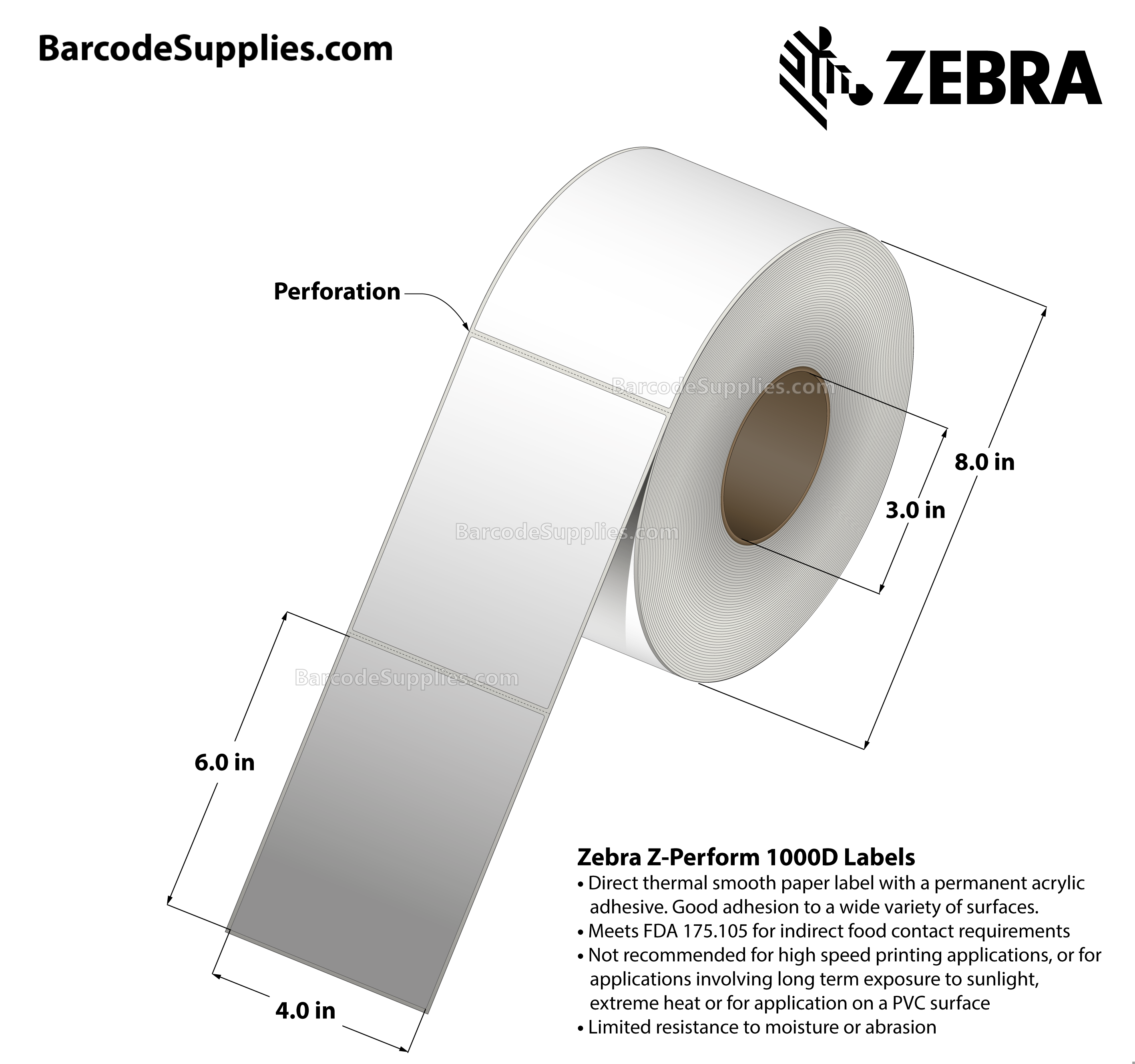 4 x 6 Direct Thermal White Z-Perform 1000D Labels With Permanent Adhesive - Perforated - 1000 Labels Per Roll - Carton Of 4 Rolls - 4000 Labels Total - MPN: 10000301