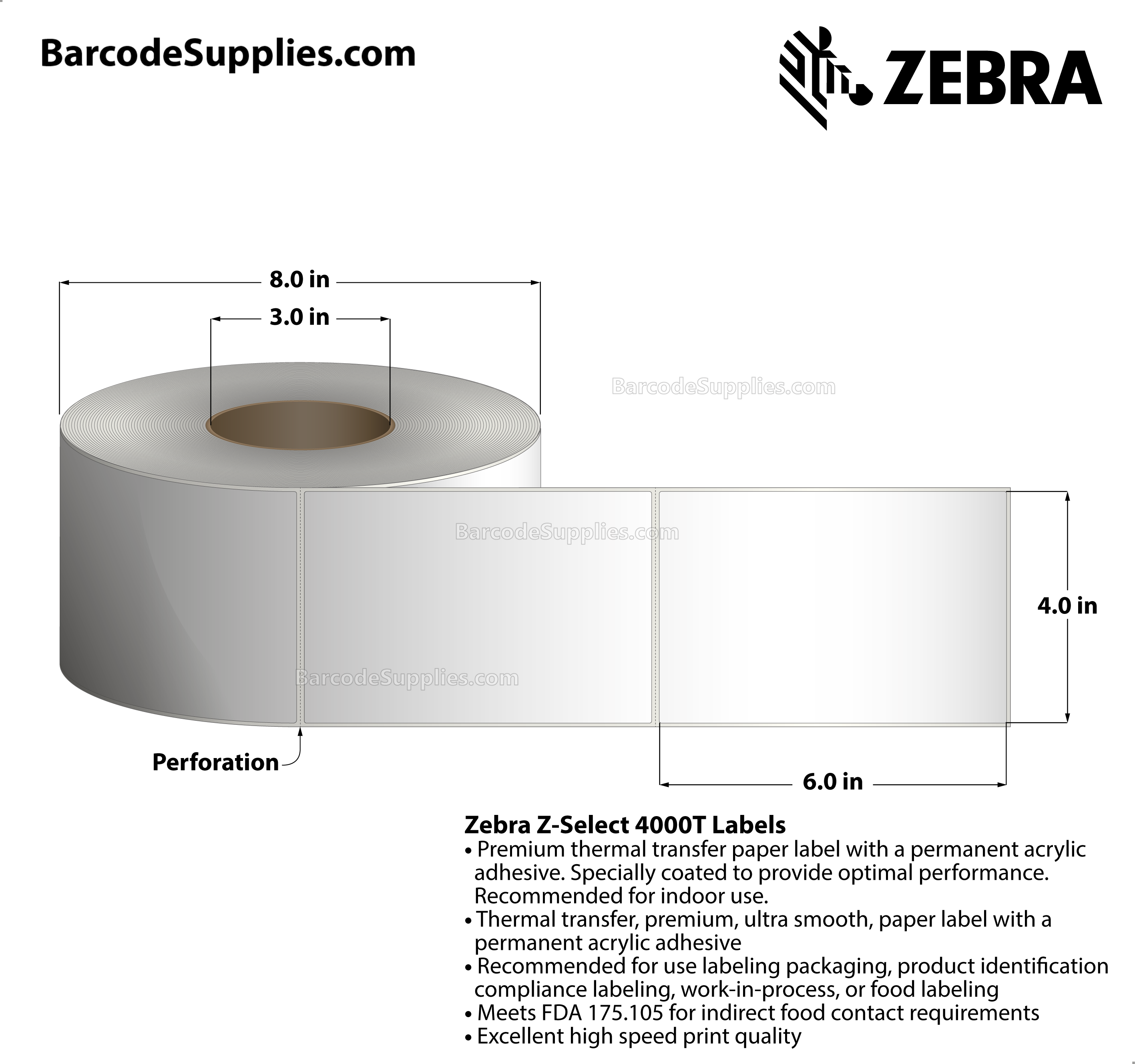 4 x 6 Thermal Transfer White Z-Select 4000T Labels With Permanent Adhesive - Perforated - 950 Labels Per Roll - Carton Of 4 Rolls - 3800 Labels Total - MPN: 72294