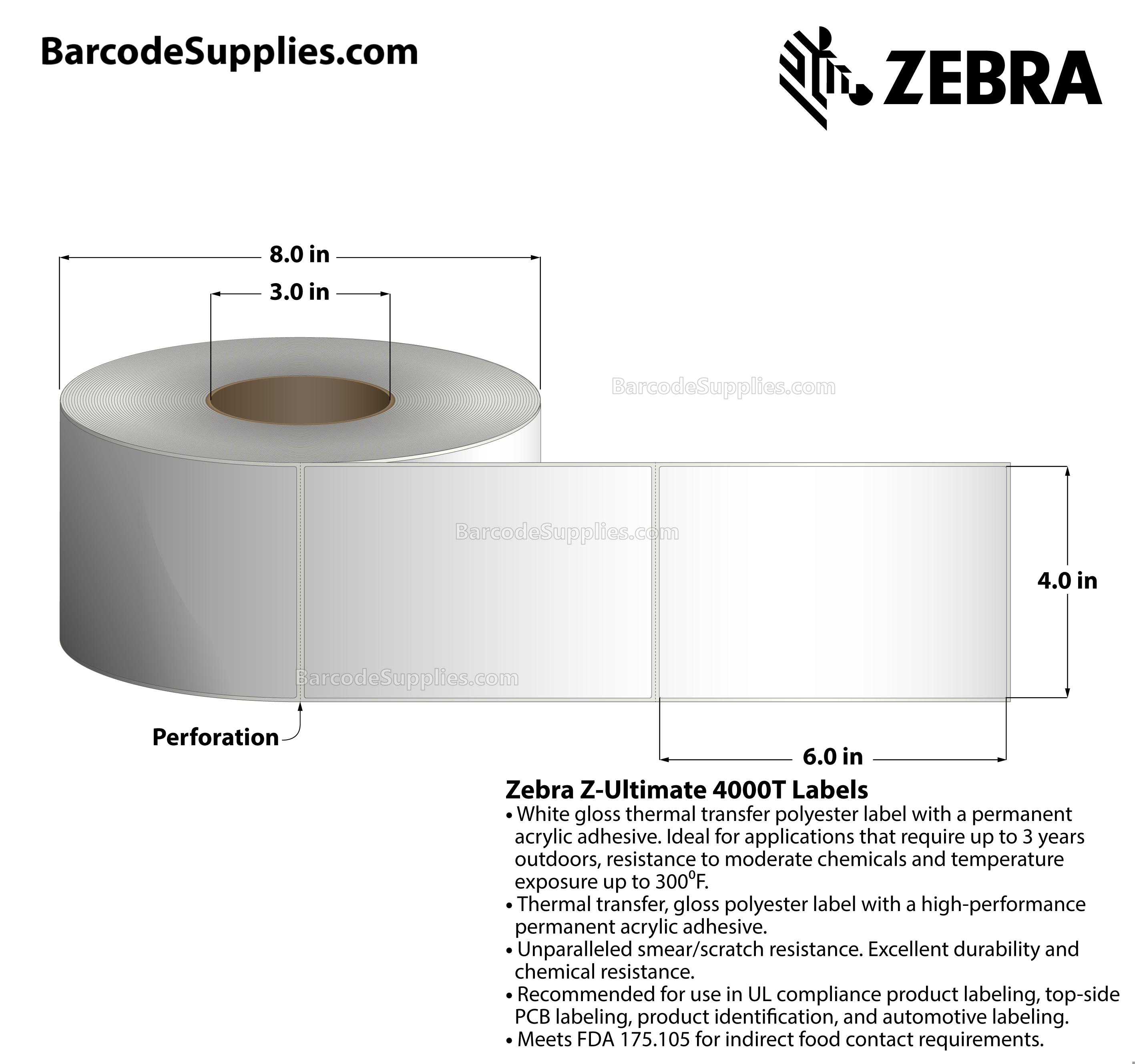 4 x 6 Thermal Transfer White Z-Ultimate 4000T Labels With Permanent Adhesive - Perforated - 960 Labels Per Roll - Carton Of 4 Rolls - 3840 Labels Total - MPN: 10002628