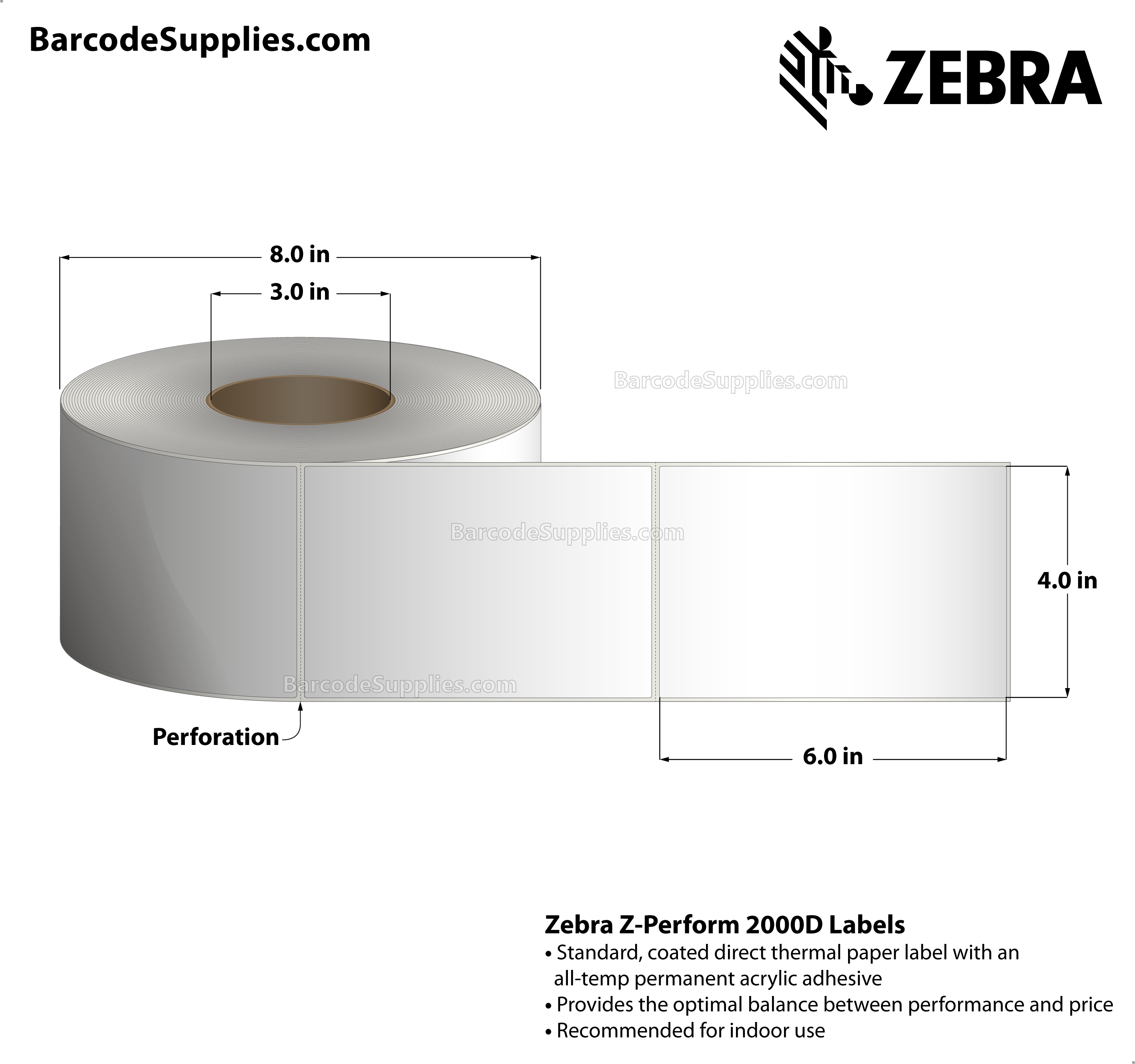 4 x 6 Direct Thermal White Z-Perform 2000D Labels With All-Temp Adhesive - Perforated - 1000 Labels Per Roll - Carton Of 4 Rolls - 4000 Labels Total - MPN: 10000290
