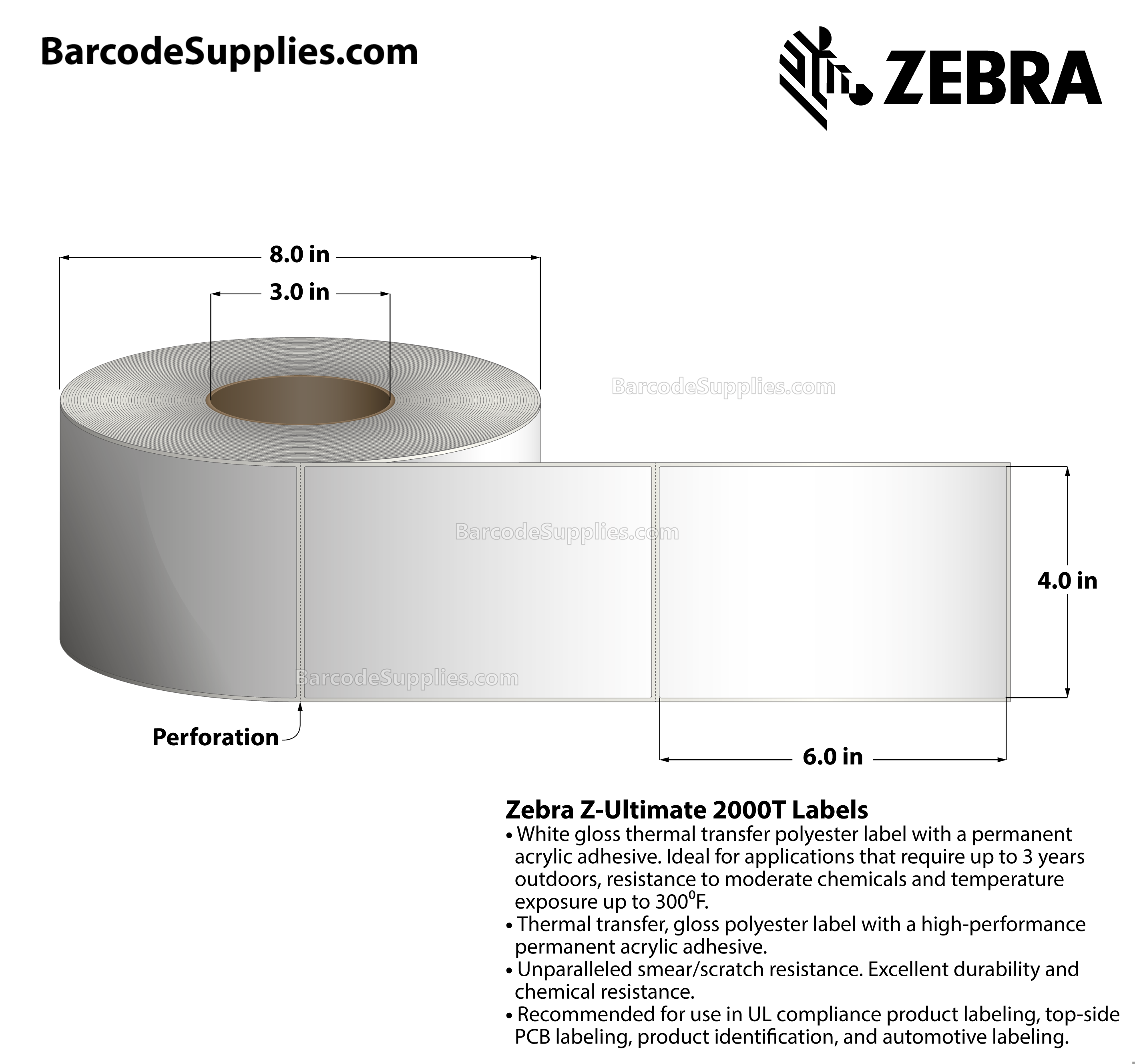4 x 6 Thermal Transfer White Z-Ultimate 2000T Labels With Permanent Adhesive - Perforated - 960 Labels Per Roll - Carton Of 4 Rolls - 3840 Labels Total - MPN: 10008518