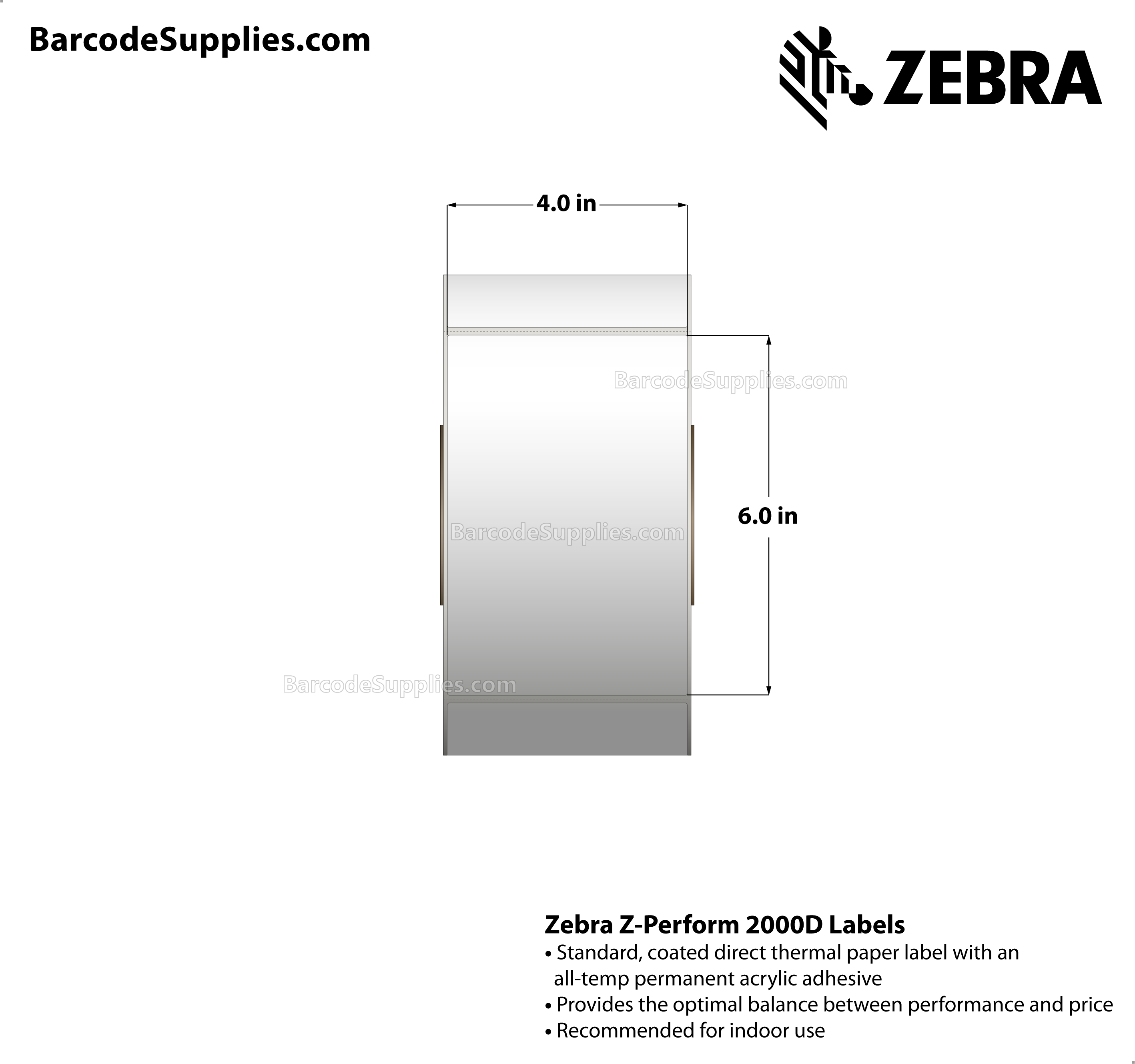 4 x 6 Direct Thermal White Z-Perform 2000D Labels With All-Temp Adhesive - Perforated - 1000 Labels Per Roll - Carton Of 4 Rolls - 4000 Labels Total - MPN: 10000290