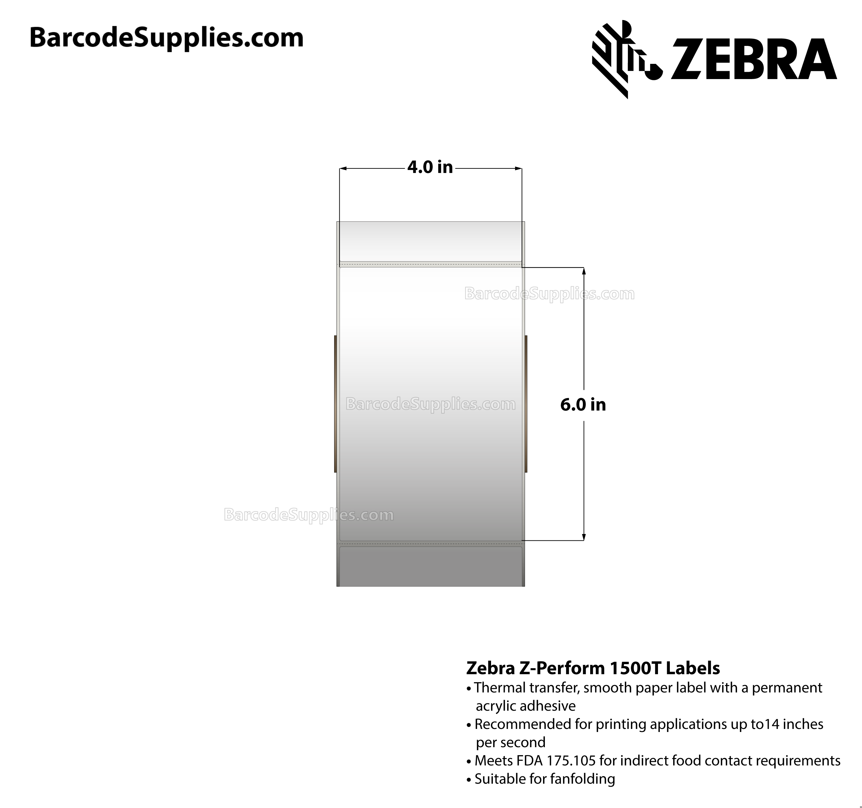 4 x 6 Thermal Transfer White Z-Perform 1500T Labels With Permanent Adhesive - Perforated - 1000 Labels Per Roll - Carton Of 4 Rolls - 4000 Labels Total - MPN: 10018340