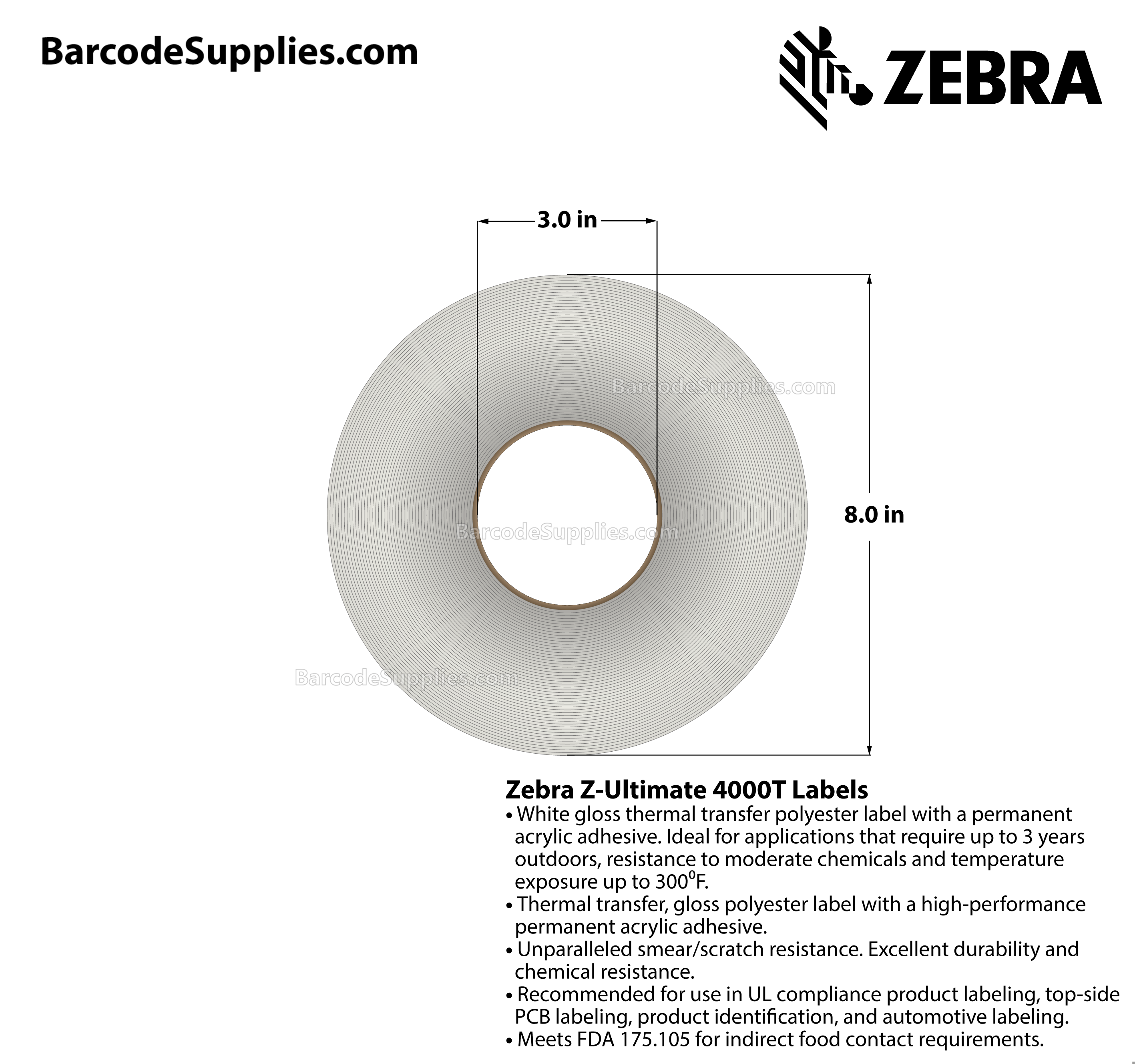 4 x 6 Thermal Transfer White Z-Ultimate 4000T Labels With Permanent Adhesive - Perforated - 960 Labels Per Roll - Carton Of 4 Rolls - 3840 Labels Total - MPN: 10002628