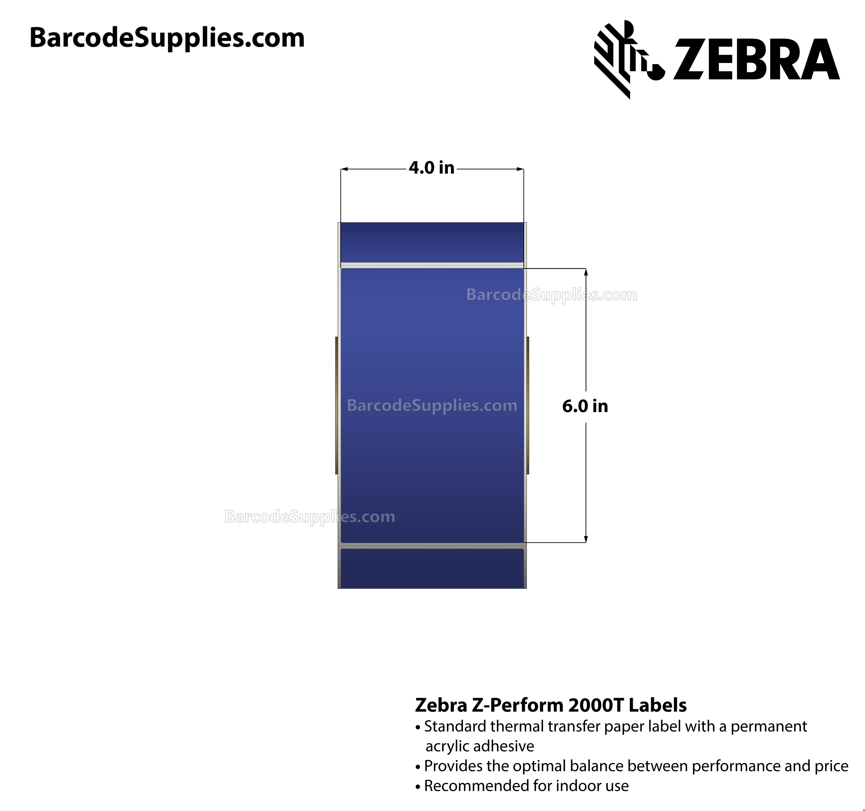 4 x 6 Thermal Transfer Blue Z-Perform 2000T Floodcoated (Blue) Labels With Permanent Adhesive - Perforated - 1000 Labels Per Roll - Carton Of 4 Rolls - 4000 Labels Total - MPN: 10006208