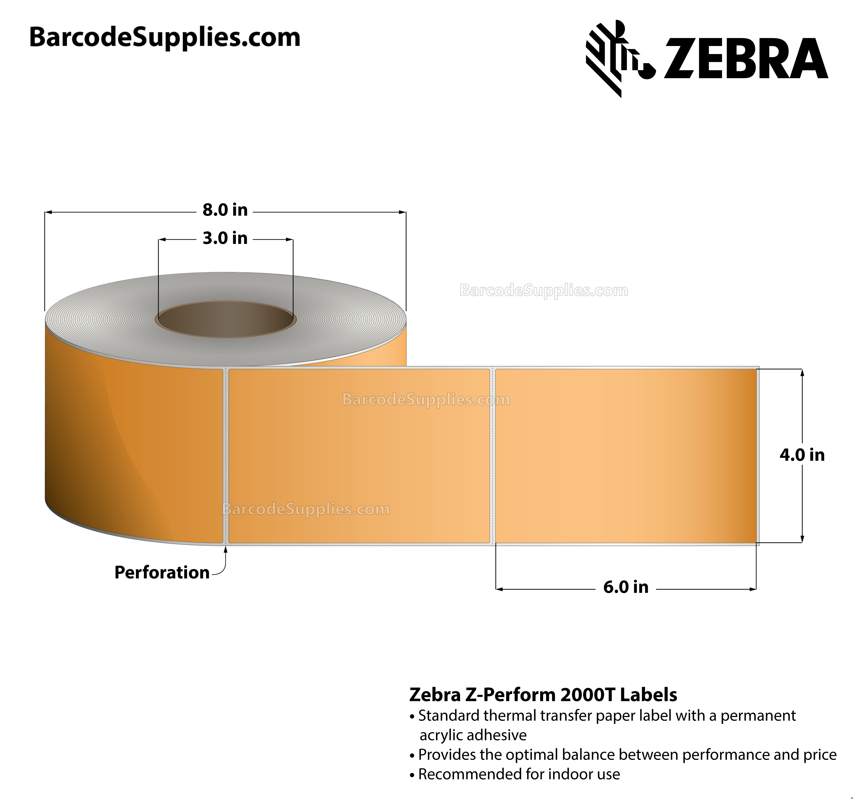 4 x 6 Thermal Transfer Fl. Orange - PMS 804 Z-Perform 2000T Floodcoated (Fl. Orange) Labels With Permanent Adhesive - Perforated - 1000 Labels Per Roll - Carton Of 4 Rolls - 4000 Labels Total - MPN: 10006208-7