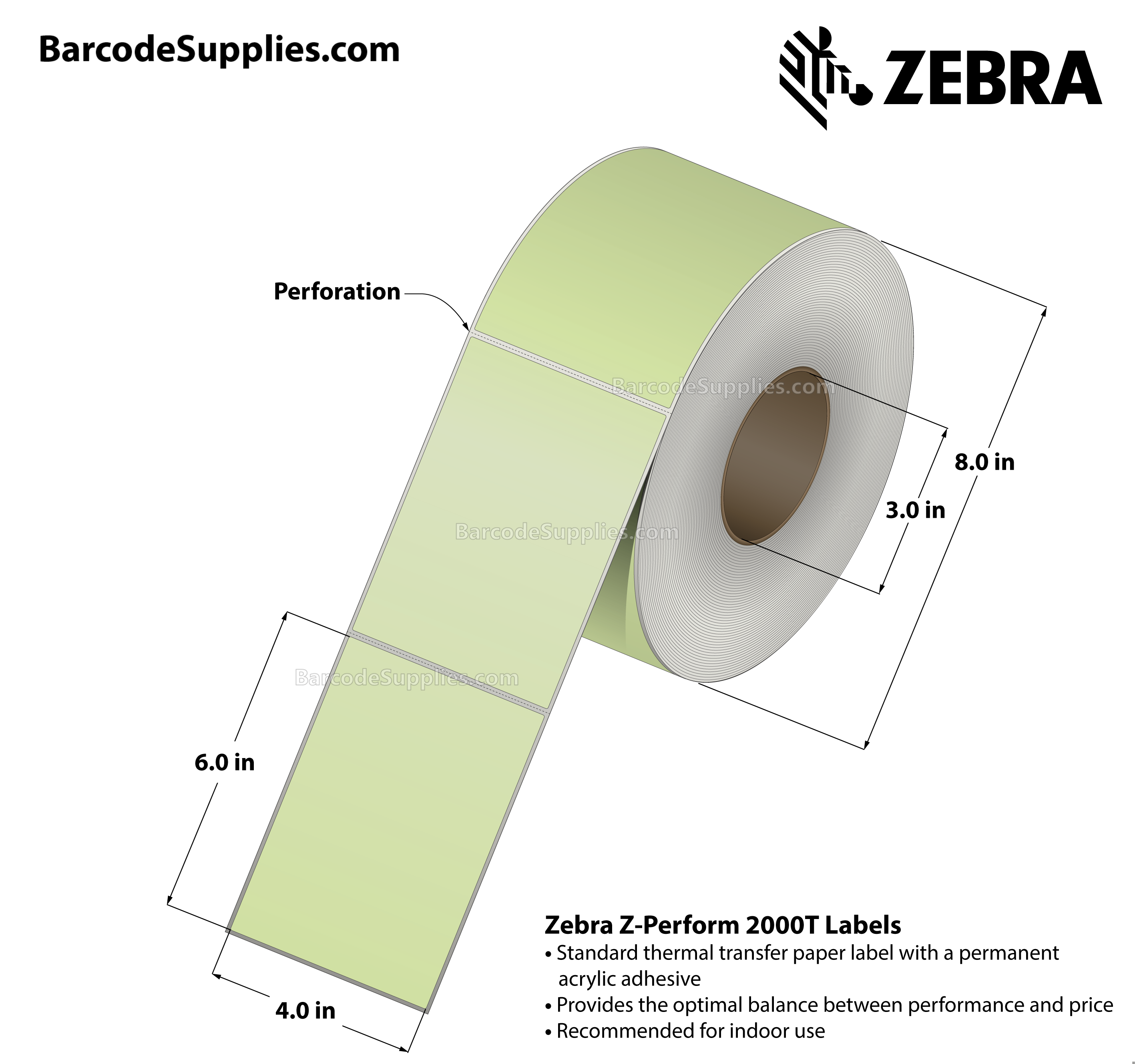 4 x 6 Thermal Transfer Green - PMS 365 Z-Perform 2000T Floodcoated (Green) Labels With Permanent Adhesive - Perforated - 1000 Labels Per Roll - Carton Of 4 Rolls - 4000 Labels Total - MPN: 10006208-2