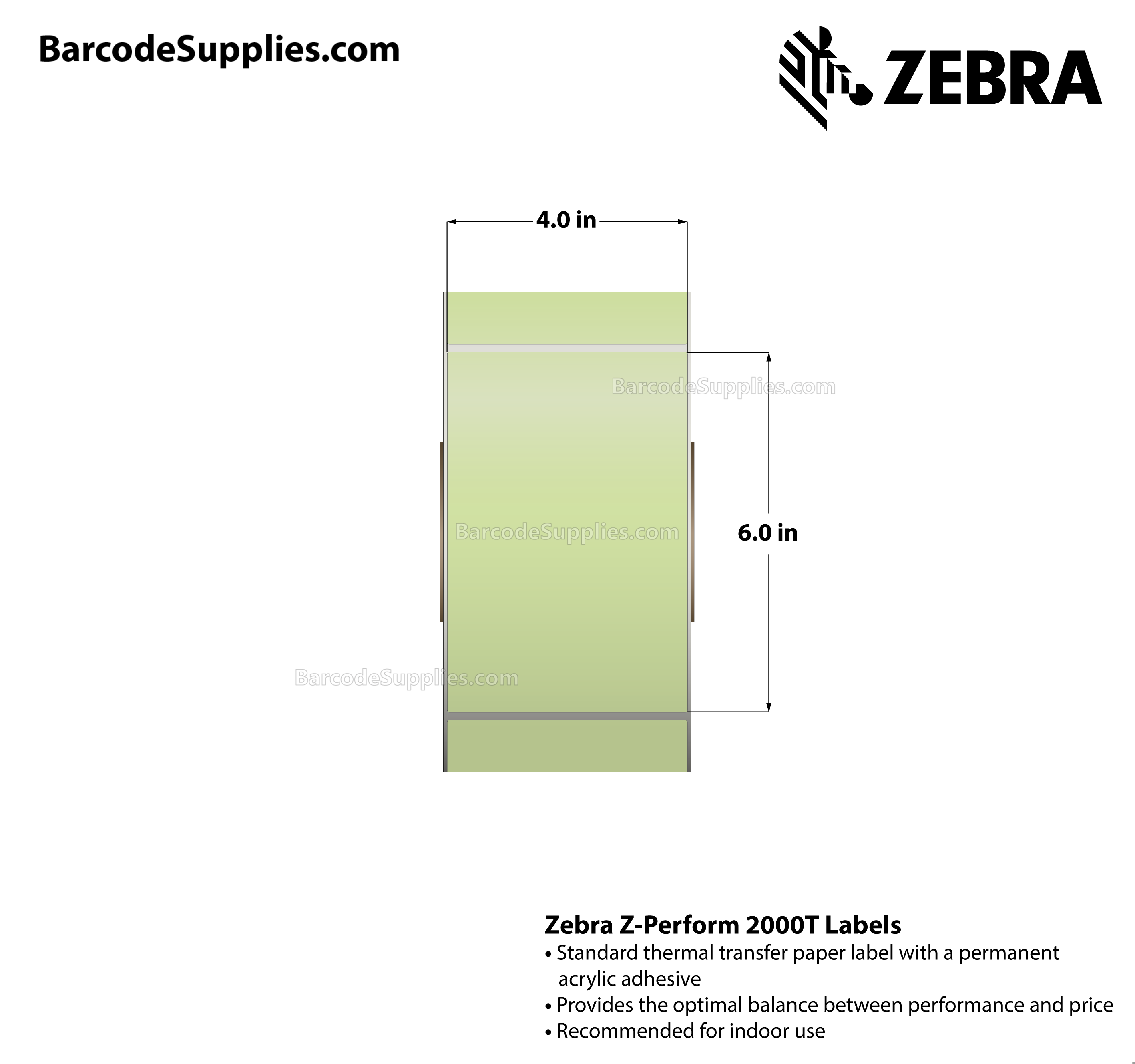 4 x 6 Thermal Transfer Green - PMS 365 Z-Perform 2000T Floodcoated (Green) Labels With Permanent Adhesive - Perforated - 1000 Labels Per Roll - Carton Of 4 Rolls - 4000 Labels Total - MPN: 10006208-2