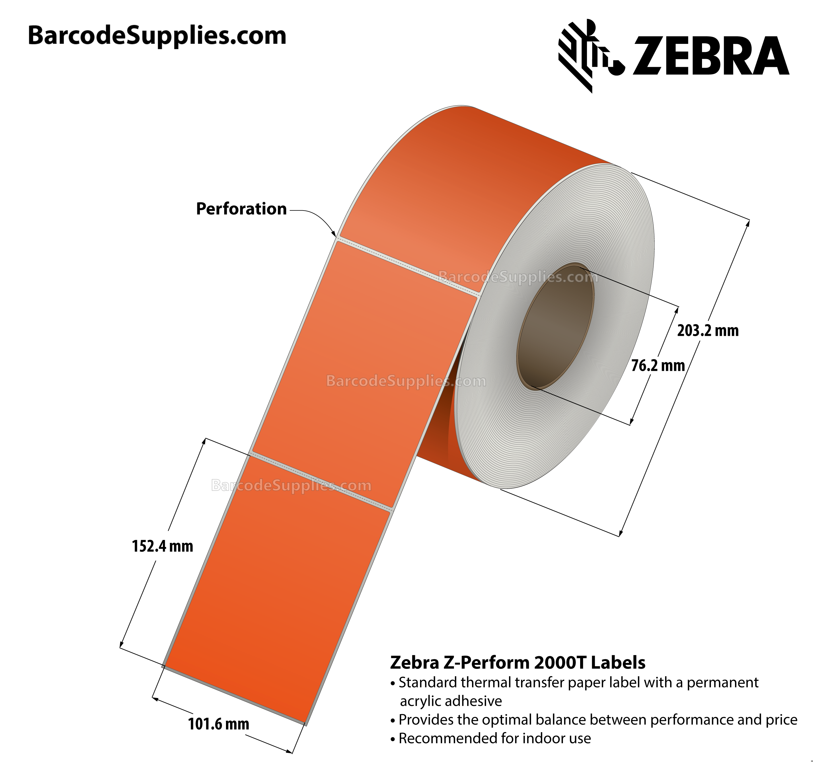 4 x 6 Thermal Transfer Orange - PMS 021 Z-Perform 2000T Floodcoated (Orange) Labels With Permanent Adhesive - Perforated - 1000 Labels Per Roll - Carton Of 4 Rolls - 4000 Labels Total - MPN: 10006208-4