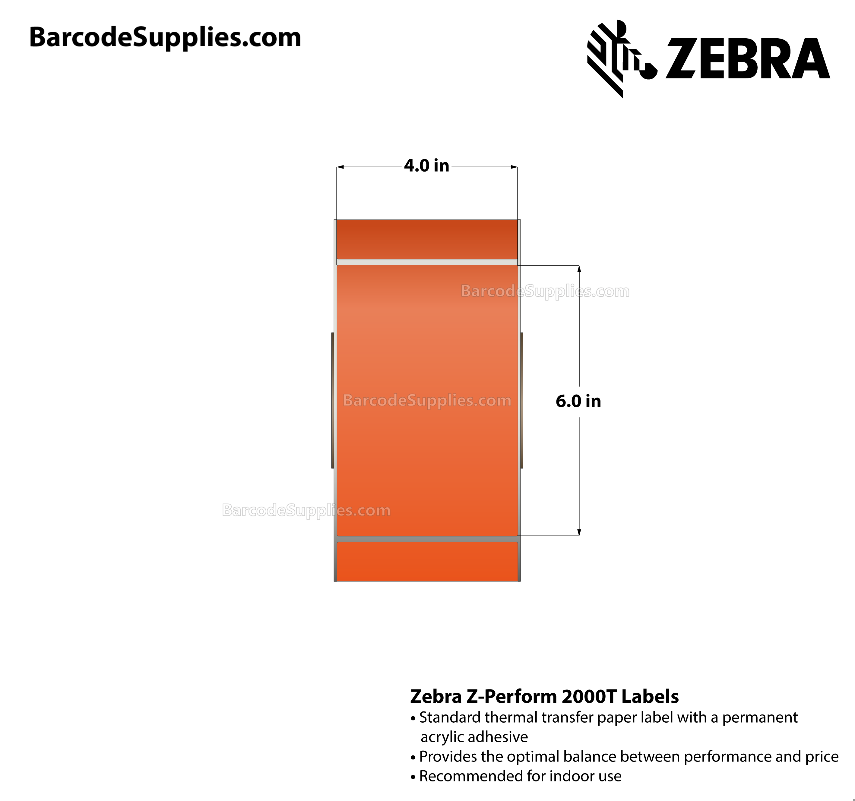4 x 6 Thermal Transfer Orange - PMS 021 Z-Perform 2000T Floodcoated (Orange) Labels With Permanent Adhesive - Perforated - 1000 Labels Per Roll - Carton Of 4 Rolls - 4000 Labels Total - MPN: 10006208-4