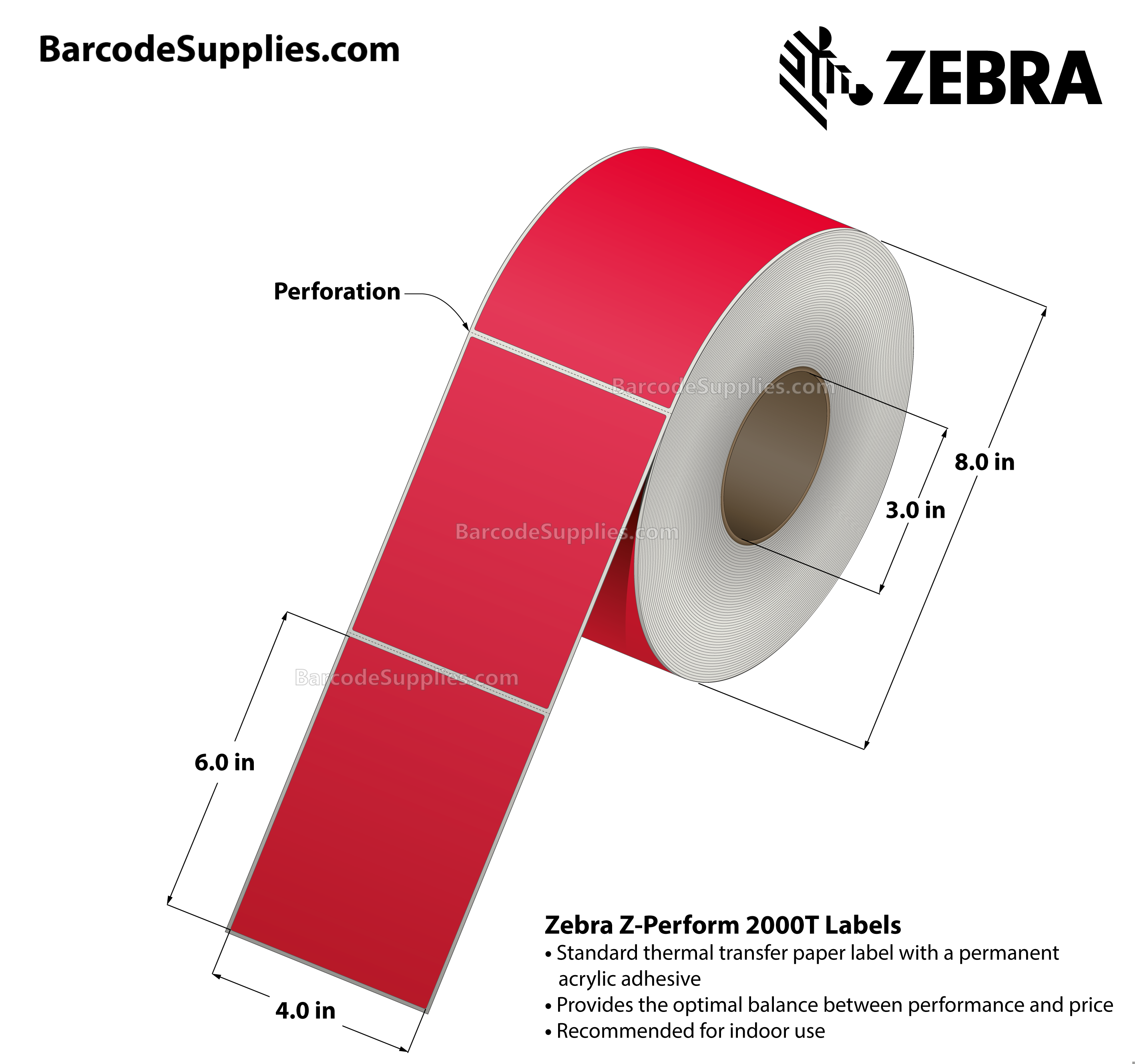 4 x 6 Thermal Transfer Red - PMS 185 Z-Perform 2000T Floodcoated (Red) Labels With Permanent Adhesive - Perforated - 1000 Labels Per Roll - Carton Of 4 Rolls - 4000 Labels Total - MPN: 10006208-5