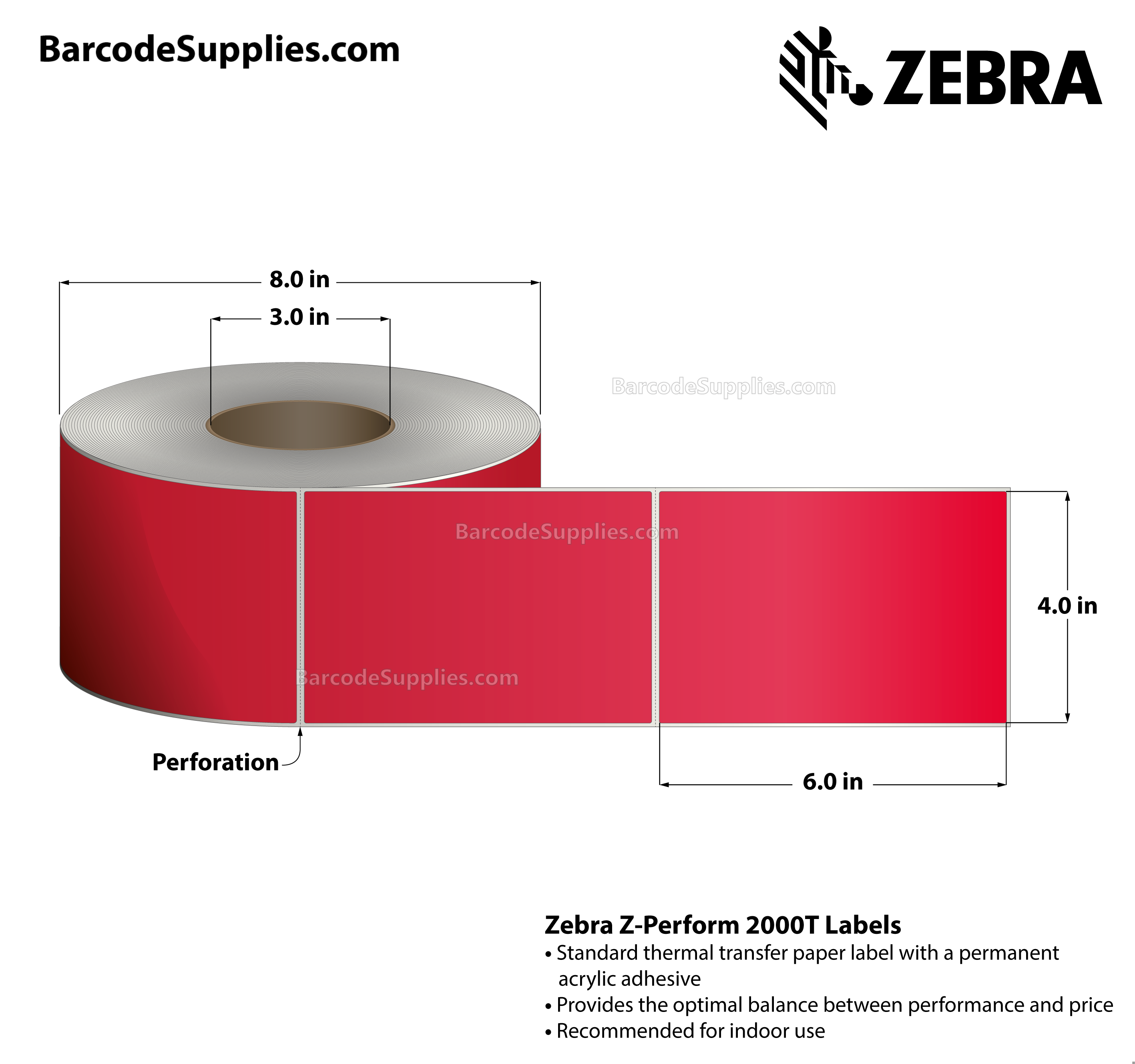4 x 6 Thermal Transfer Red - PMS 185 Z-Perform 2000T Floodcoated (Red) Labels With Permanent Adhesive - Perforated - 1000 Labels Per Roll - Carton Of 4 Rolls - 4000 Labels Total - MPN: 10006208-5