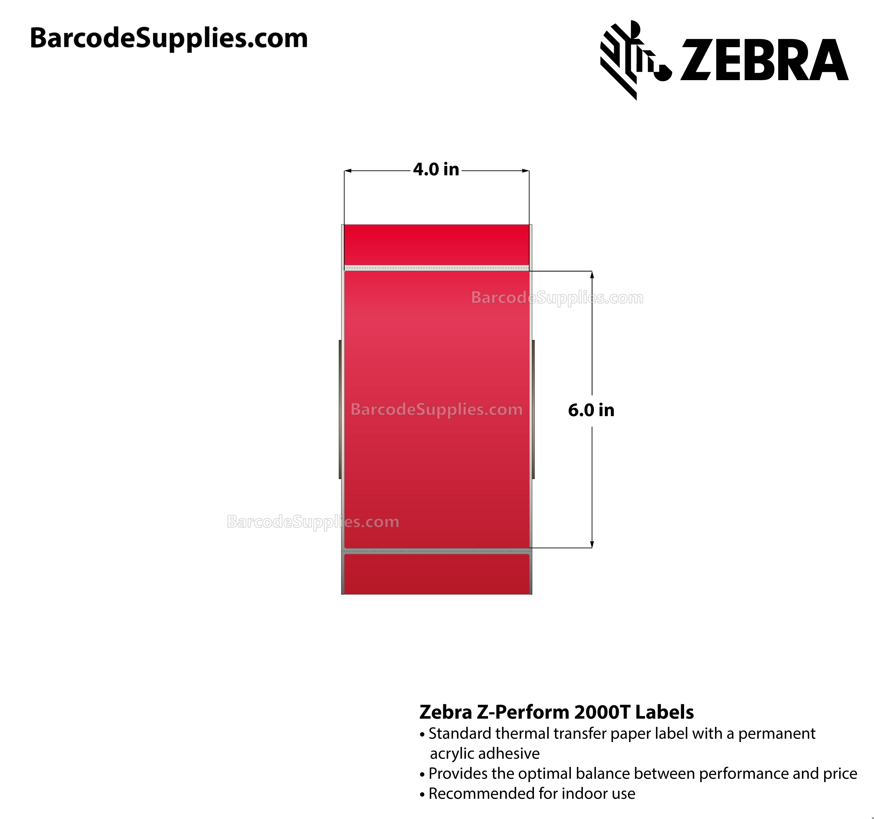 4 x 6 Thermal Transfer Red - PMS 185 Z-Perform 2000T Floodcoated (Red) Labels With Permanent Adhesive - Perforated - 1000 Labels Per Roll - Carton Of 4 Rolls - 4000 Labels Total - MPN: 10006208-5