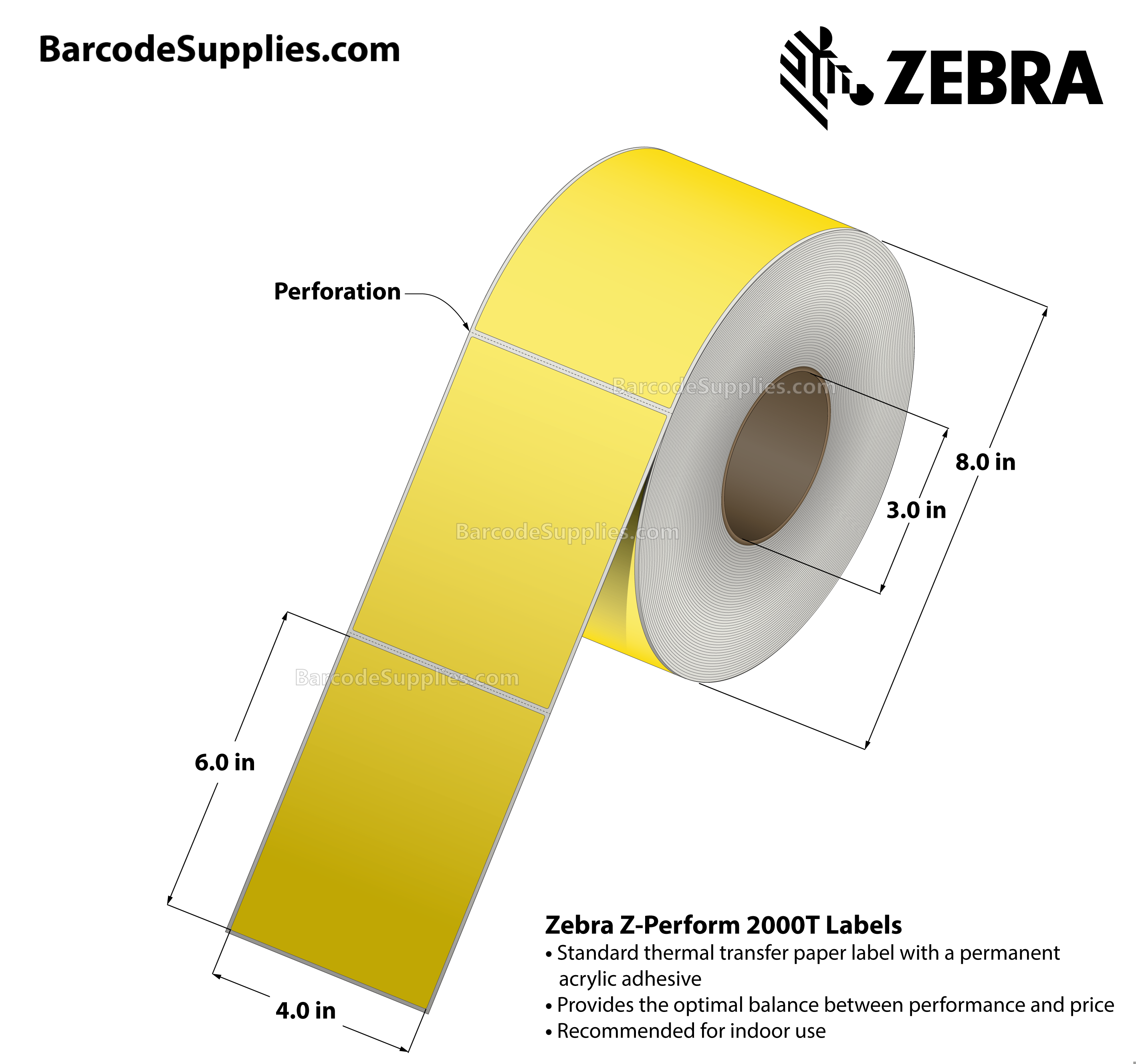 4 x 6 Thermal Transfer Yellow - Pantone Yellow Z-Perform 2000T Floodcoated (Yellow) Labels With Permanent Adhesive - Perforated - 1000 Labels Per Roll - Carton Of 4 Rolls - 4000 Labels Total - MPN: 10006208-1