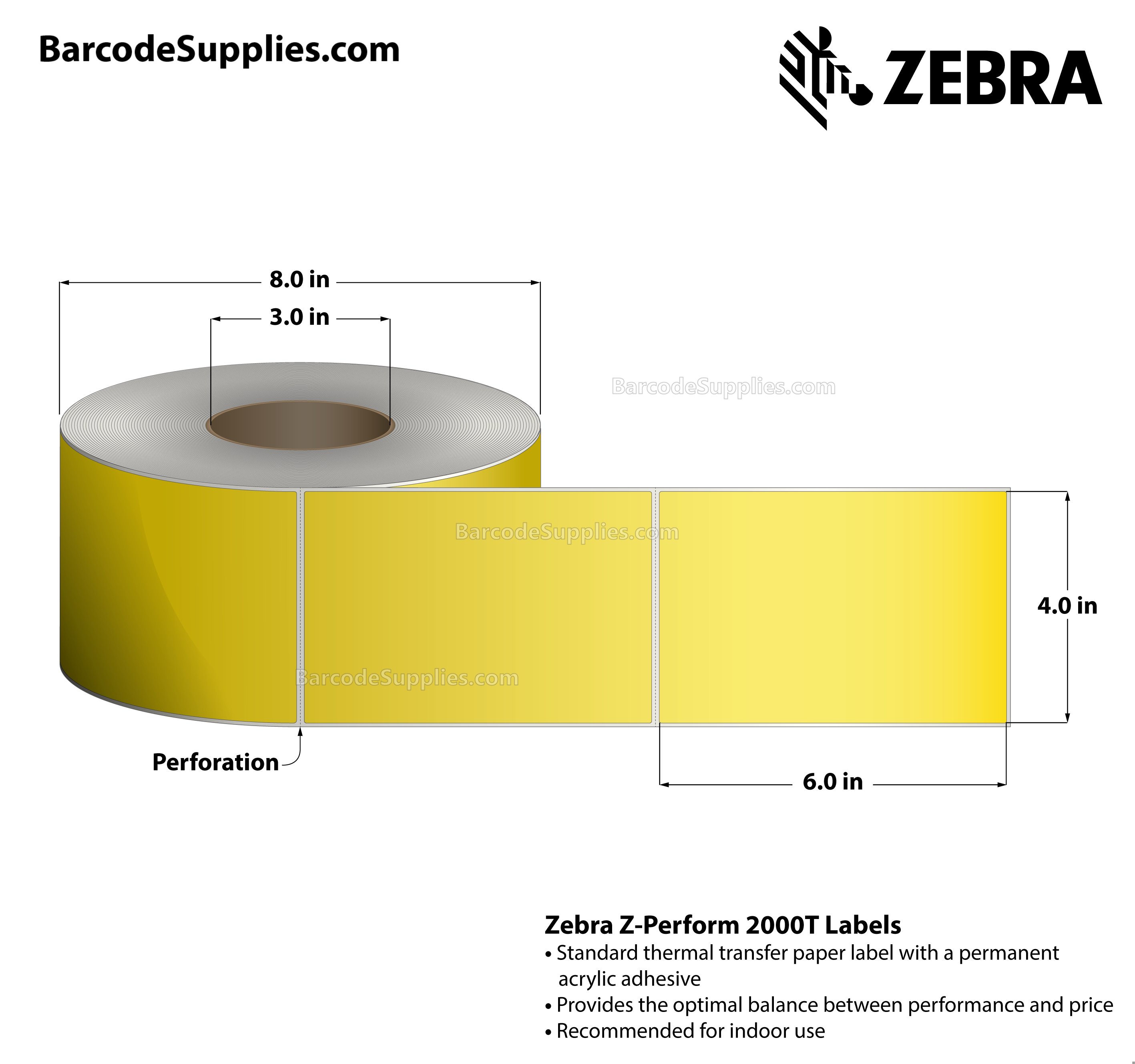 4 x 6 Thermal Transfer Yellow - Pantone Yellow Z-Perform 2000T Floodcoated (Yellow) Labels With Permanent Adhesive - Perforated - 1000 Labels Per Roll - Carton Of 4 Rolls - 4000 Labels Total - MPN: 10006208-1