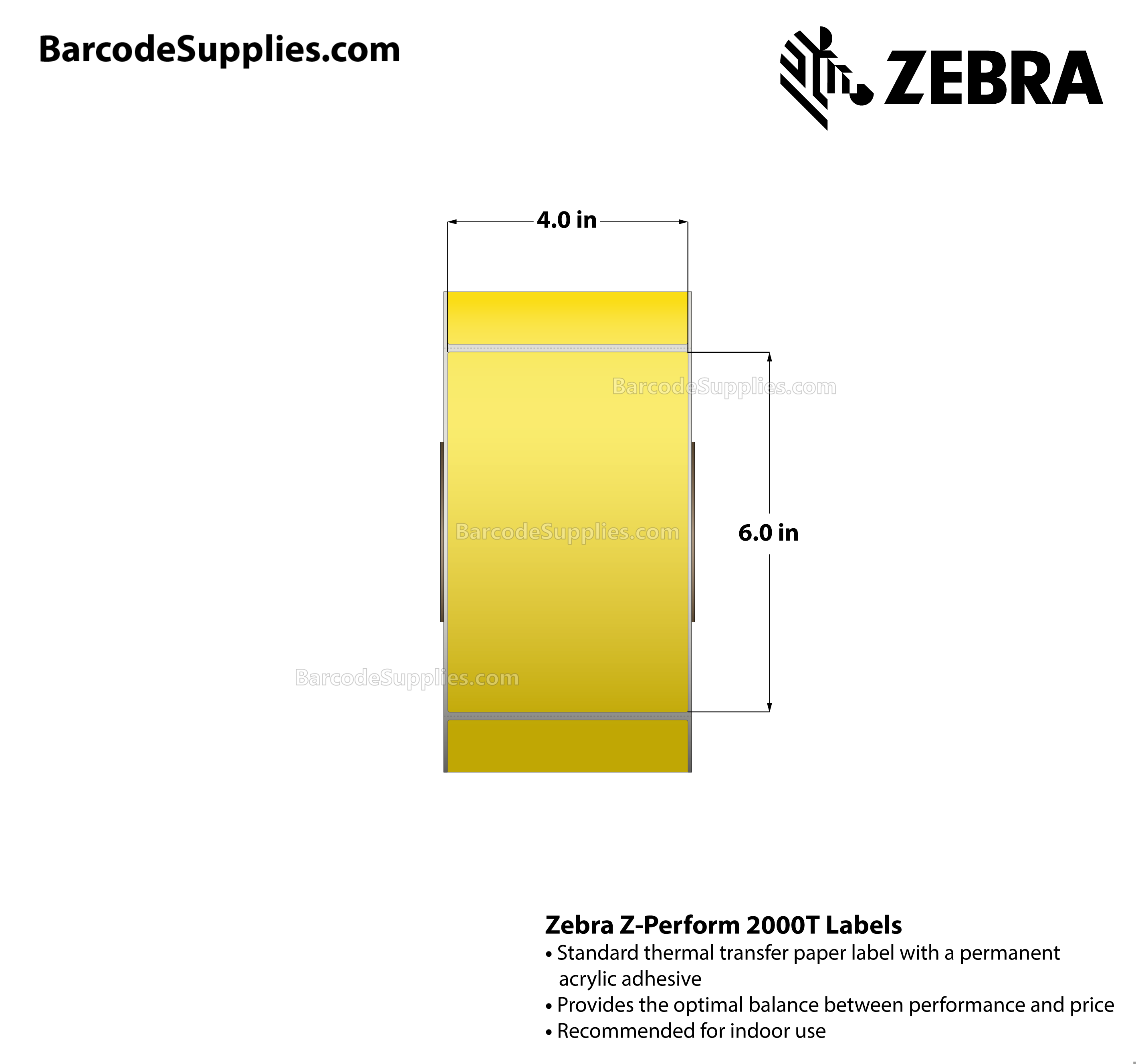 4 x 6 Thermal Transfer Yellow - Pantone Yellow Z-Perform 2000T Floodcoated (Yellow) Labels With Permanent Adhesive - Perforated - 1000 Labels Per Roll - Carton Of 4 Rolls - 4000 Labels Total - MPN: 10006208-1