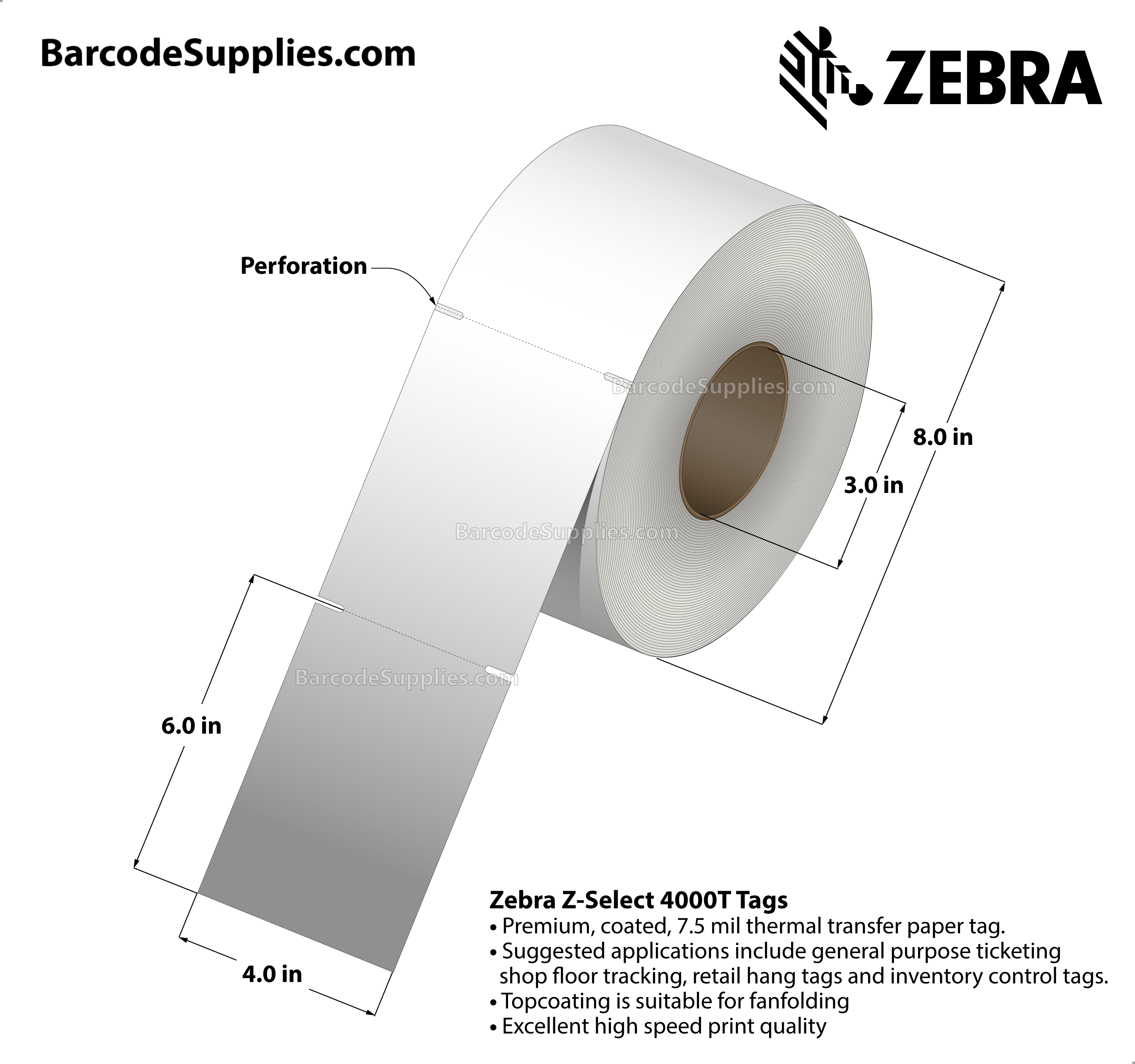 4 x 6 Thermal Transfer White Z-Select 4000T 7.0 mil Tag Tags With No Adhesive - Contains side sensing notch - Perforated - 860 Tags Per Roll - Carton Of 4 Rolls - 3440 Tags Total - MPN: 72352