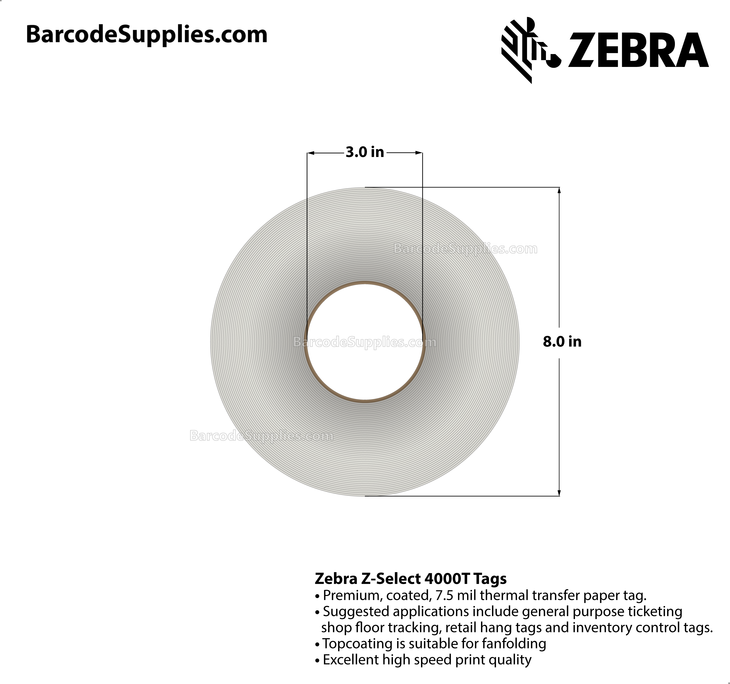 4 x 6 Thermal Transfer White Z-Select 4000T 7.0 mil Tag Tags With No Adhesive - Contains side sensing notch - Perforated - 860 Tags Per Roll - Carton Of 4 Rolls - 3440 Tags Total - MPN: 72352