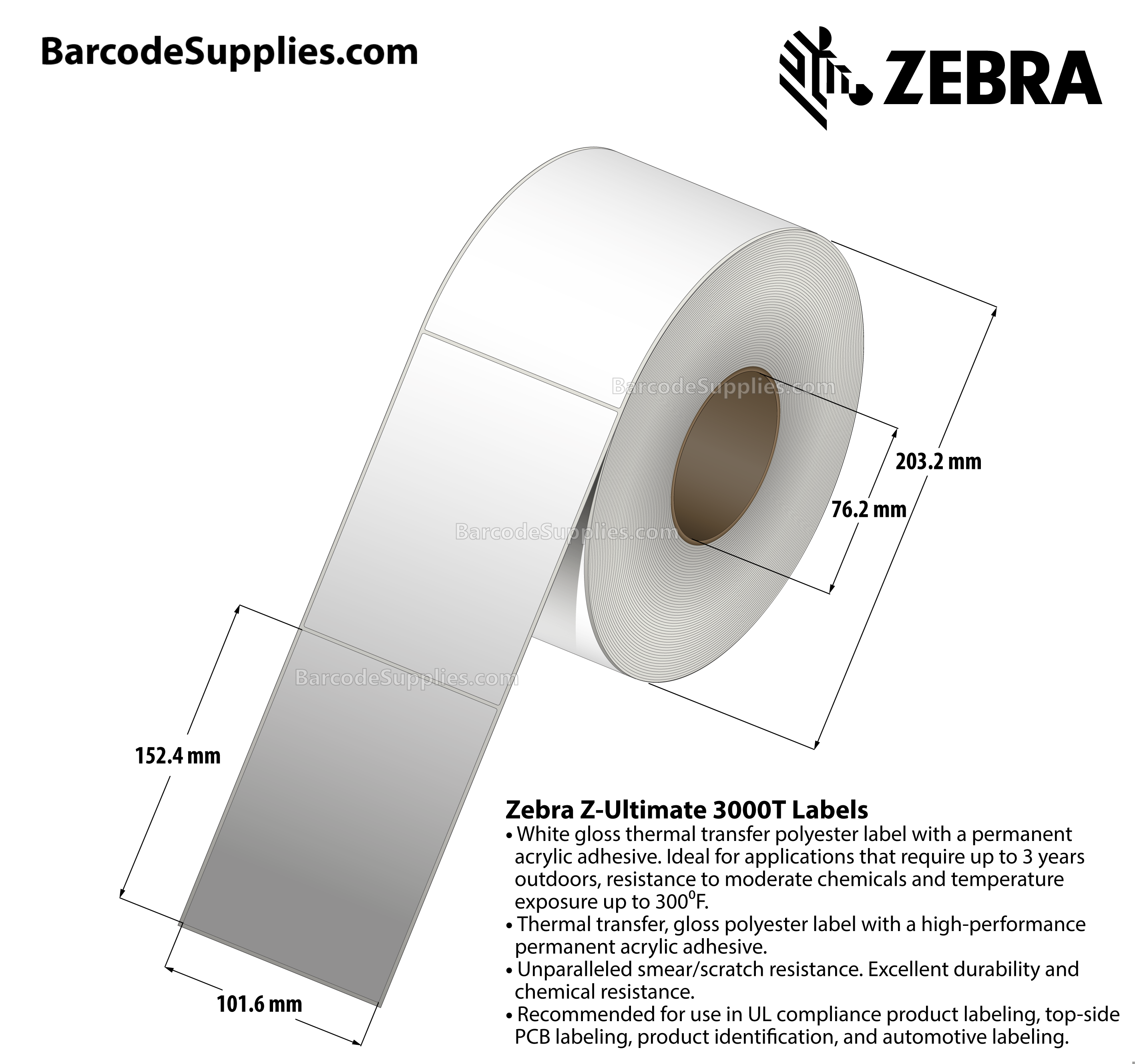 4 x 6 Thermal Transfer White Z-Ultimate 3000T Labels With Permanent Adhesive - Not Perforated - 960 Labels Per Roll - Carton Of 4 Rolls - 3840 Labels Total - MPN: 66458