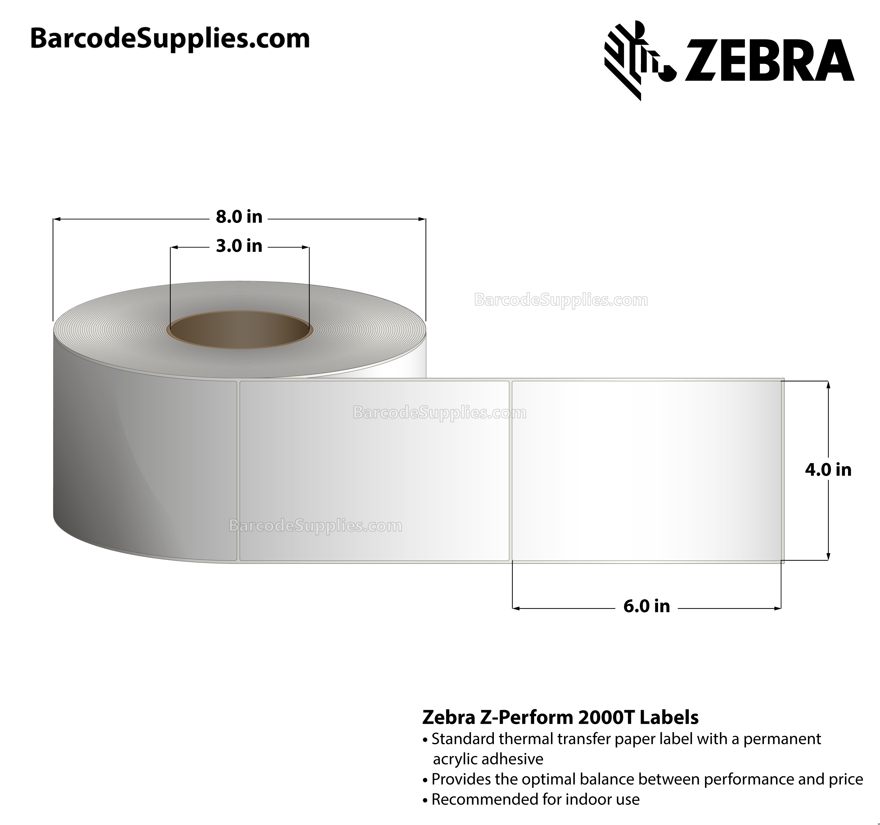 4 x 6 Thermal Transfer White Z-Perform 2000T All-Temp Labels With All-Temp Adhesive - Not Perforated - 950 Labels Per Roll - Carton Of 4 Rolls - 3800 Labels Total - MPN: 72377