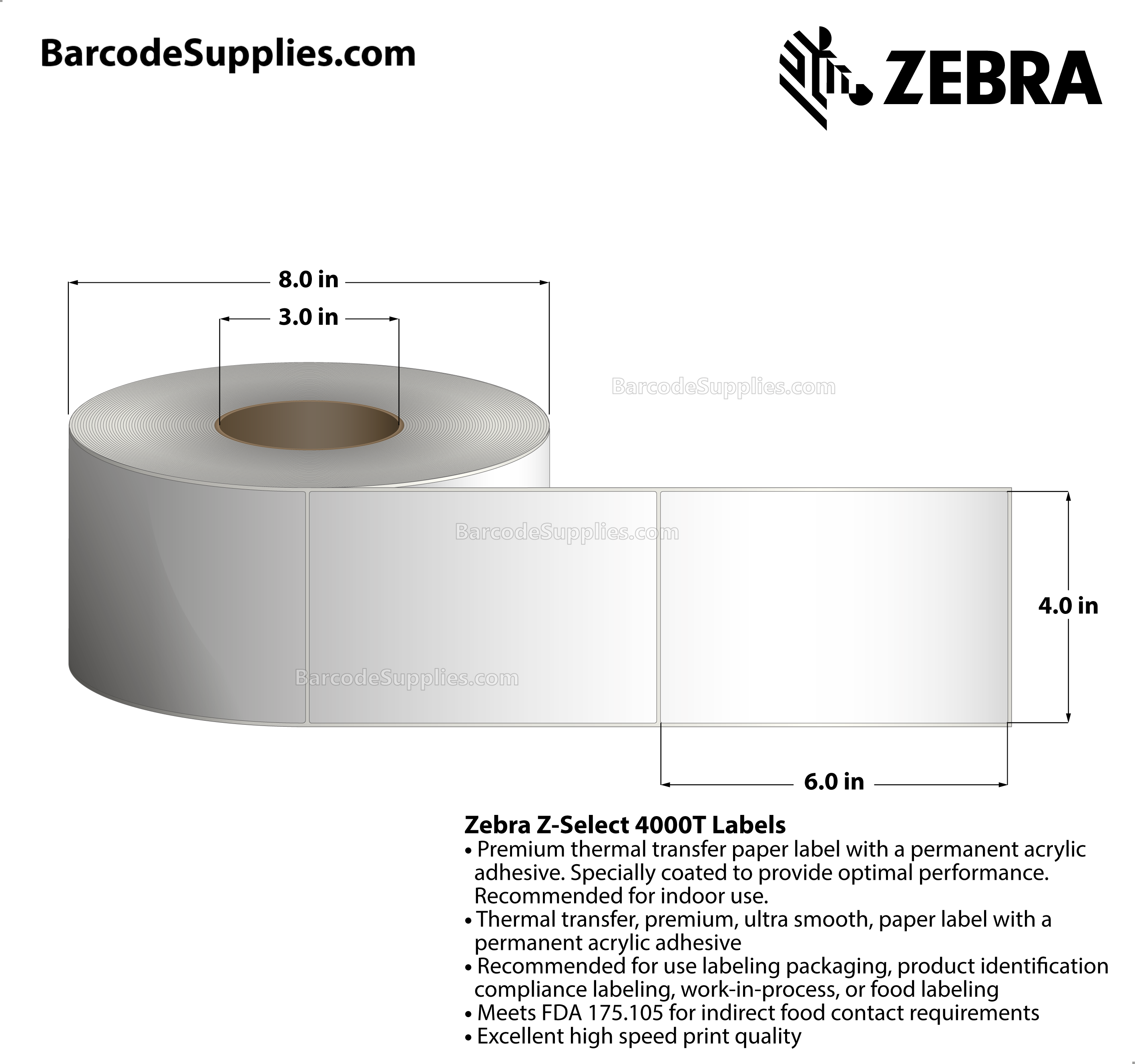 4 x 6 Thermal Transfer White Z-Select 4000T Labels With Permanent Adhesive - Not Perforated - 950 Labels Per Roll - Carton Of 4 Rolls - 3800 Labels Total - MPN: 72353
