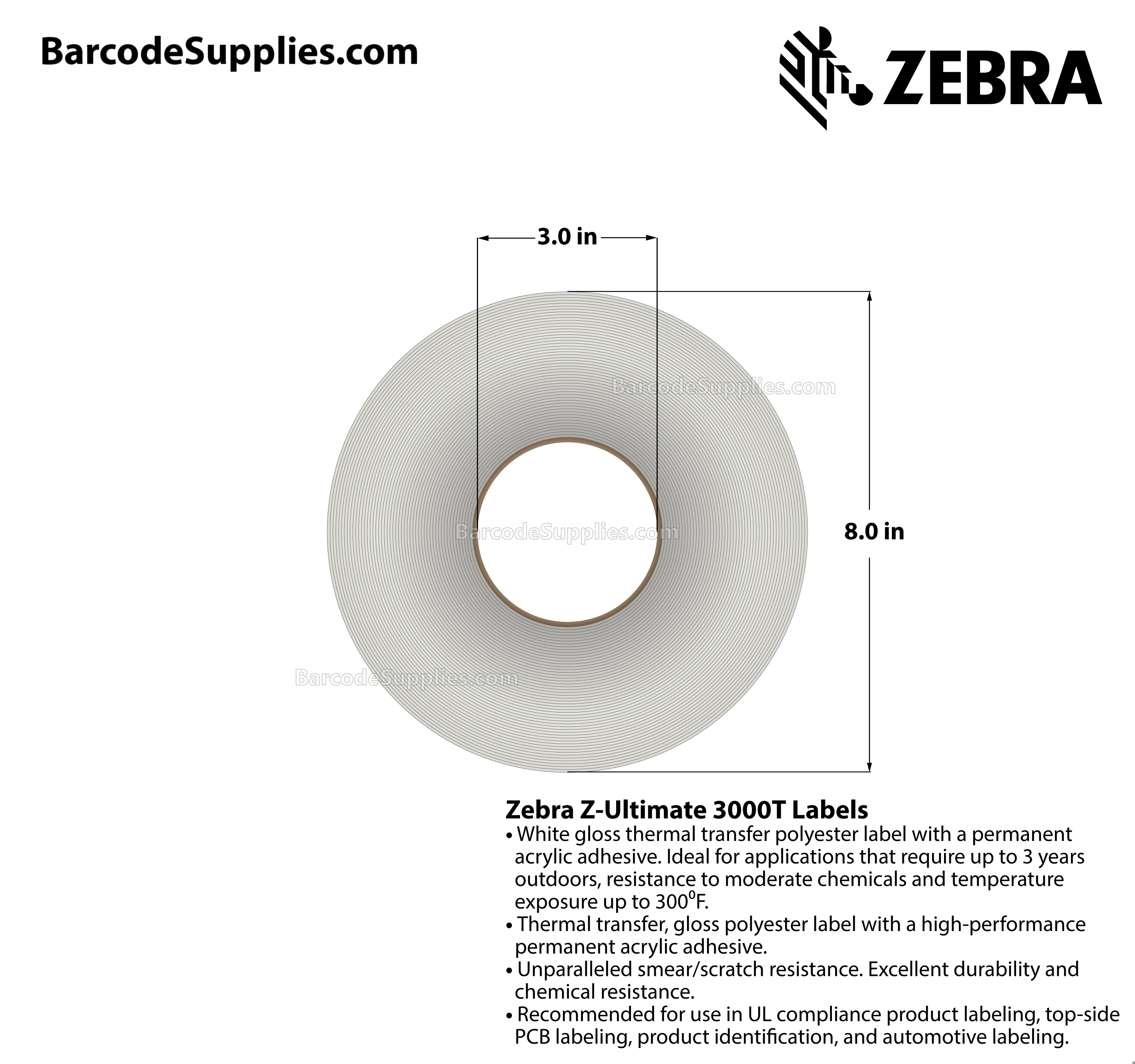 4 x 6 Thermal Transfer White Z-Ultimate 3000T Labels With Permanent Adhesive - Not Perforated - 960 Labels Per Roll - Carton Of 4 Rolls - 3840 Labels Total - MPN: 66458