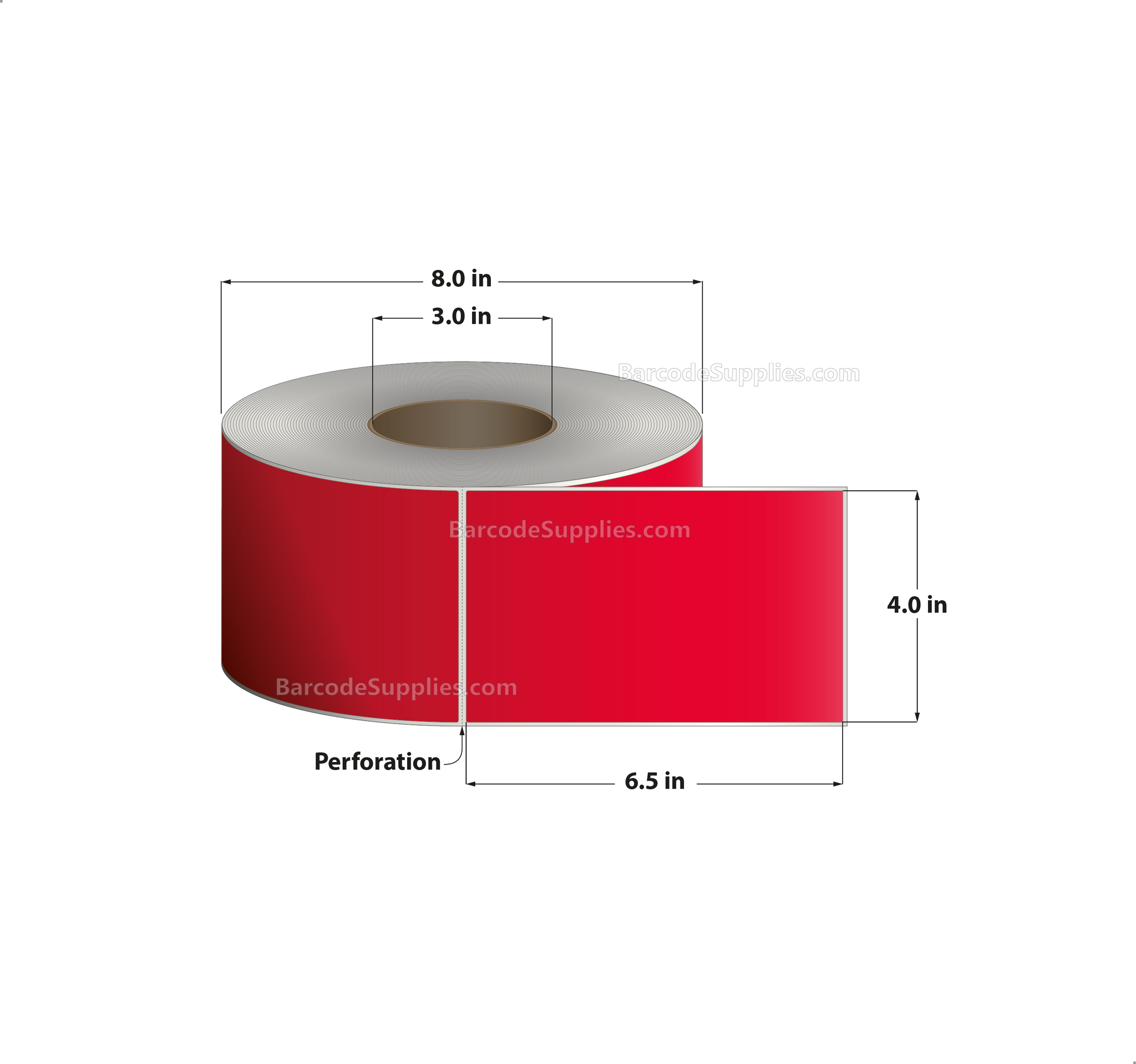 4 x 6.5 Thermal Transfer 032 Red Labels With Permanent Adhesive - Perforated - 900 Labels Per Roll - Carton Of 4 Rolls - 3600 Labels Total - MPN: RFC-4-65-900-RD