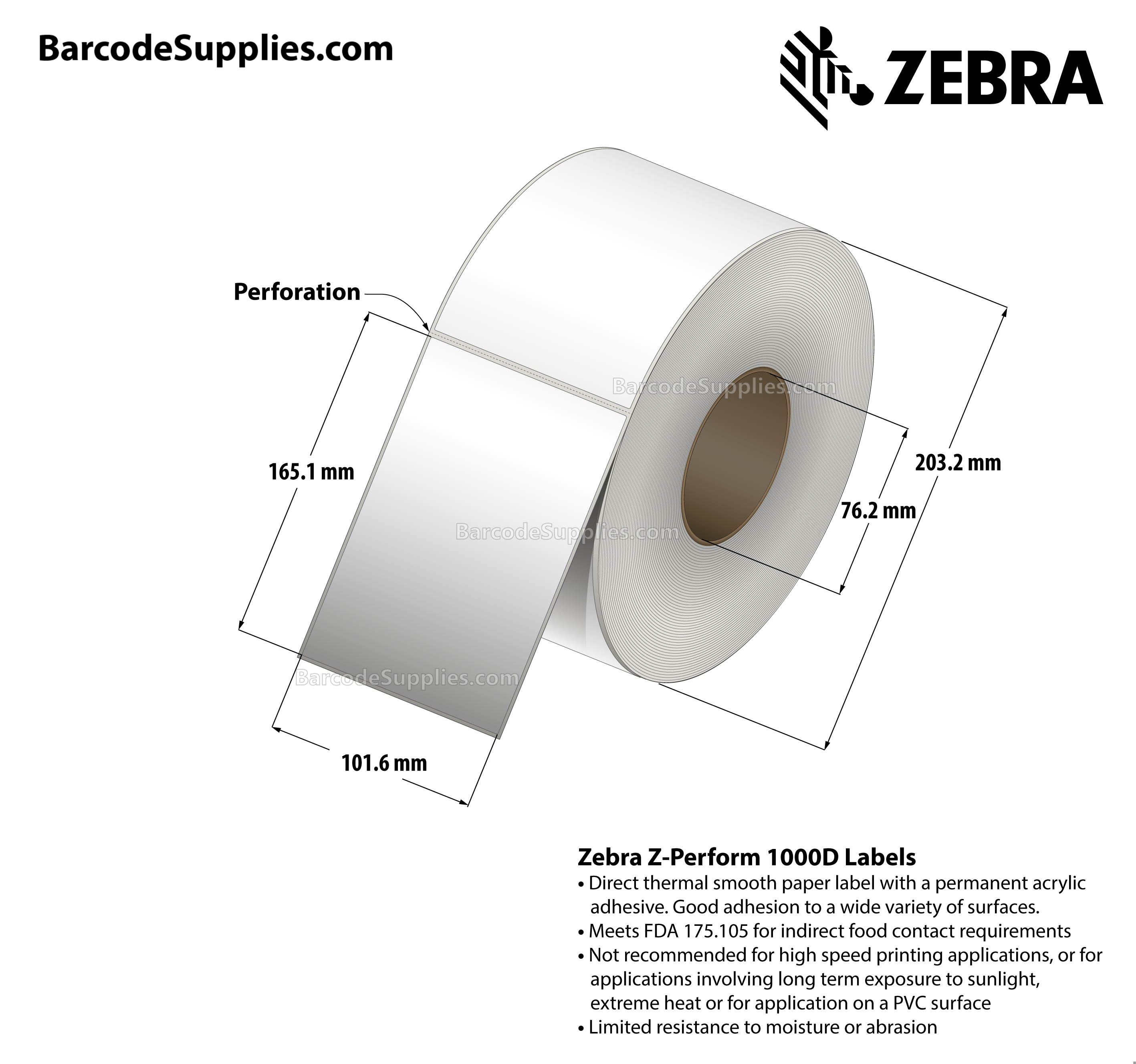4 x 6.5 Direct Thermal White Z-Perform 1000D Labels With Permanent Adhesive - Perforated - 900 Labels Per Roll - Carton Of 4 Rolls - 3600 Labels Total - MPN: 10000300