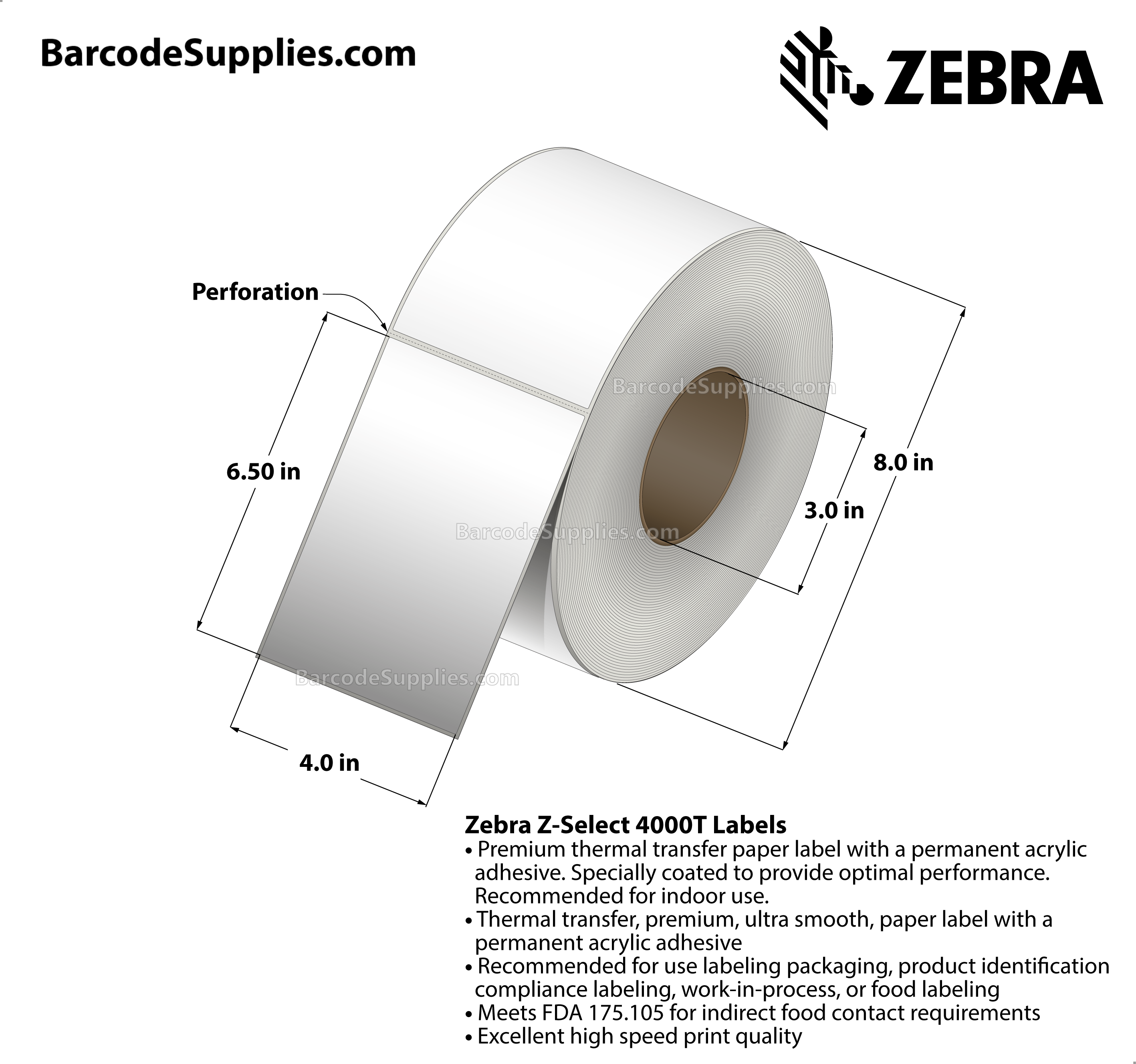 4 x 6.5 Thermal Transfer White Z-Select 4000T Labels With Permanent Adhesive - Perforated - 840 Labels Per Roll - Carton Of 4 Rolls - 3360 Labels Total - MPN: 73298