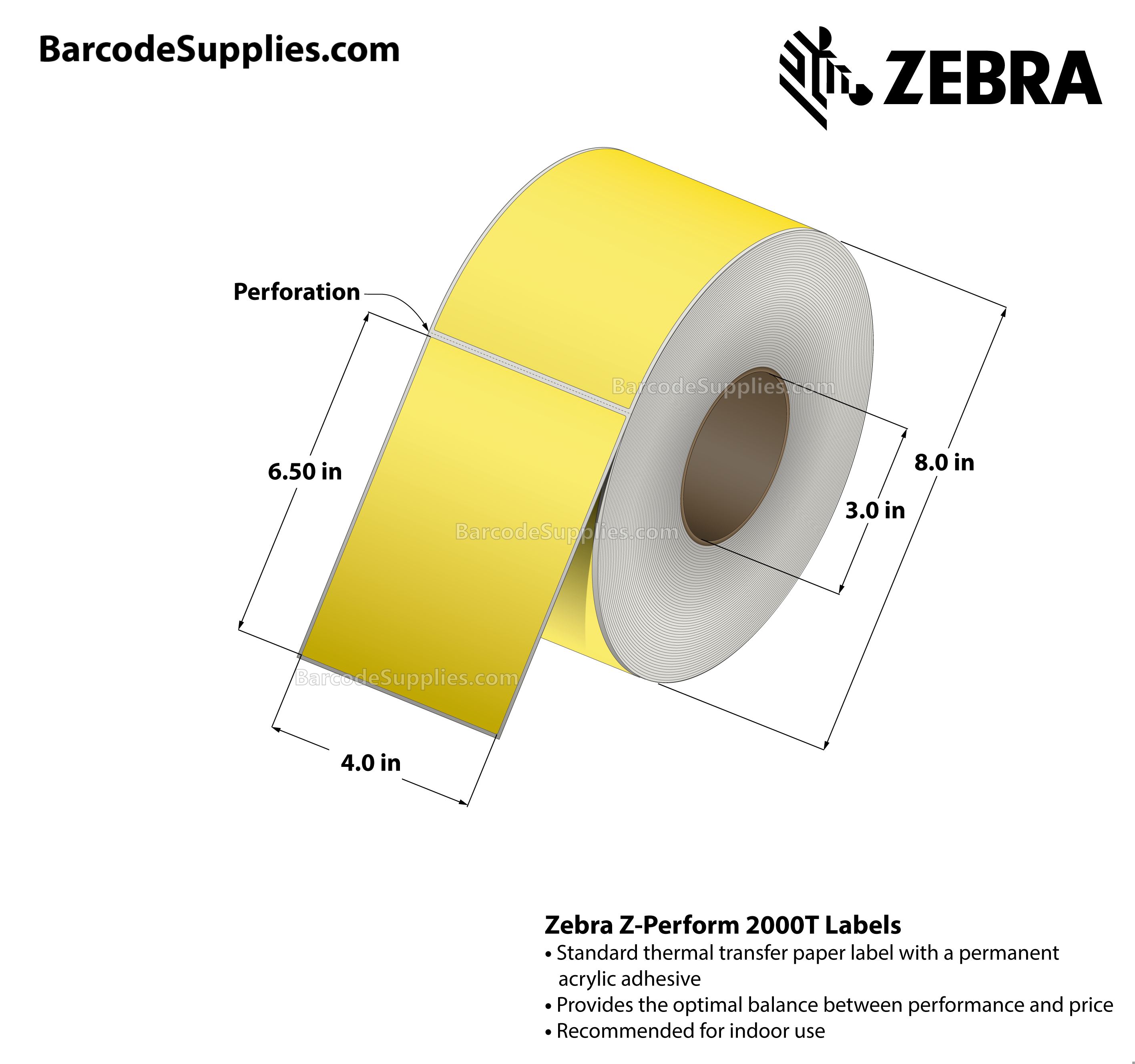 4 x 6.5 Thermal Transfer Yellow - Pantone Yellow Z-Perform 2000T Floodcoated (Yellow) Labels With Permanent Adhesive - Perforated - 900 Labels Per Roll - Carton Of 4 Rolls - 3600 Labels Total - MPN: 10005725-1