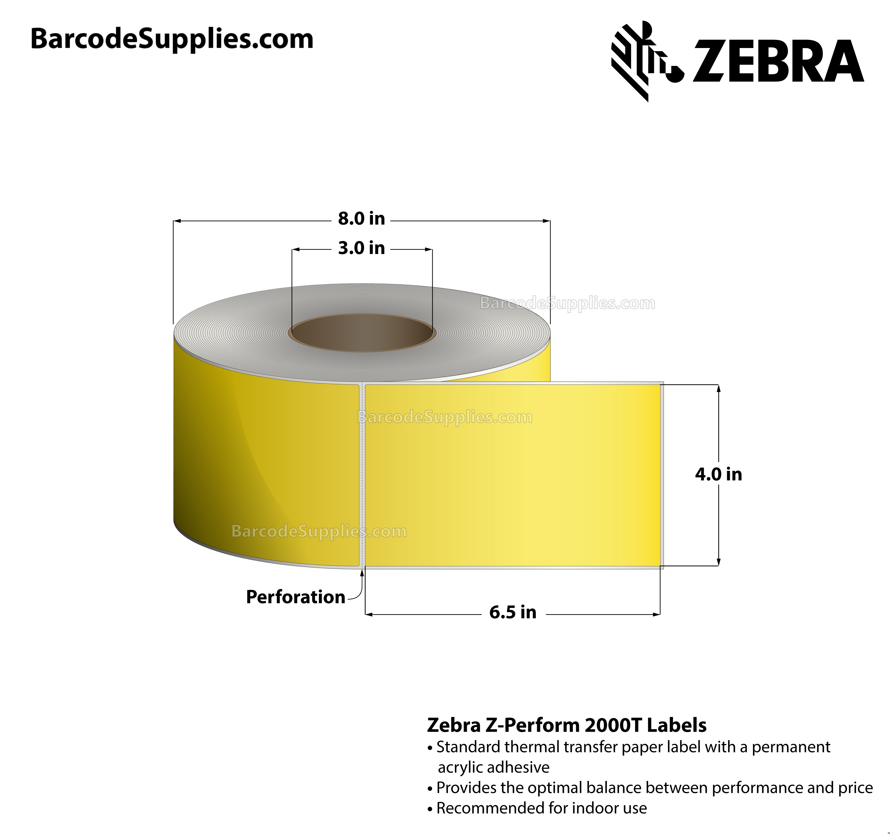 4 x 6.5 Thermal Transfer Yellow - Pantone Yellow Z-Perform 2000T Floodcoated (Yellow) Labels With Permanent Adhesive - Perforated - 900 Labels Per Roll - Carton Of 4 Rolls - 3600 Labels Total - MPN: 10005725-1