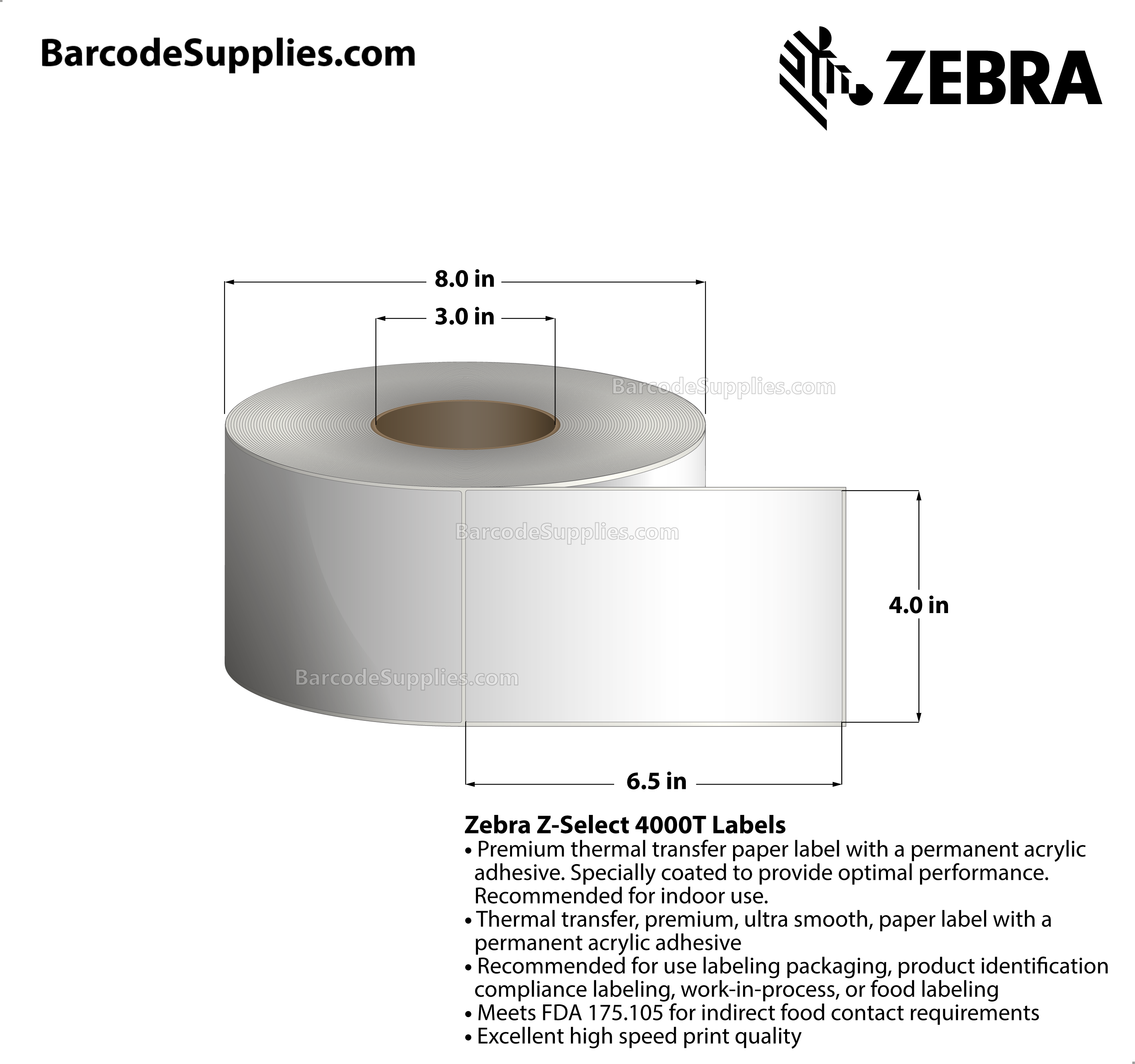 4 x 6.5 Thermal Transfer White Z-Select 4000T Labels With Permanent Adhesive - Not Perforated - 880 Labels Per Roll - Carton Of 4 Rolls - 3520 Labels Total - MPN: 72296