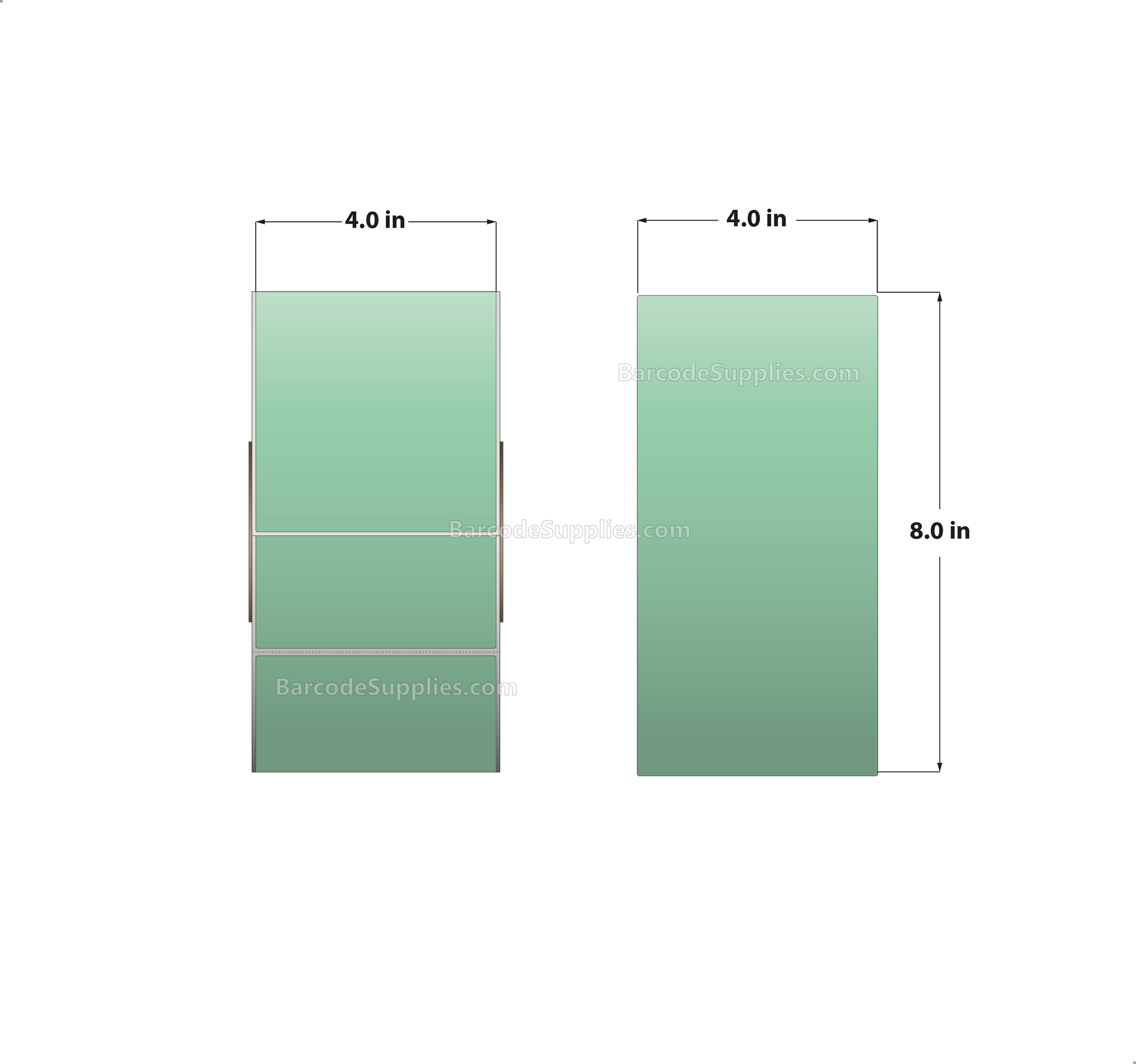 4 x 8 Thermal Transfer 345 Green Labels With Permanent Adhesive - Perforated - 750 Labels Per Roll - Carton Of 4 Rolls - 3000 Labels Total - MPN: RFC-4-8-750-GR