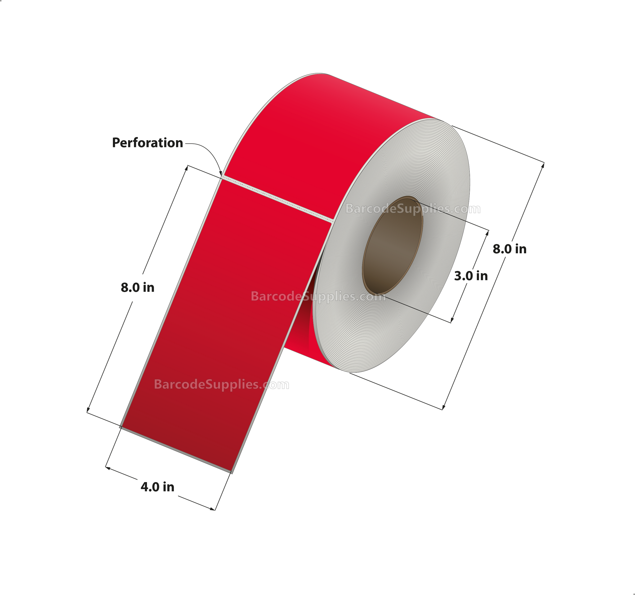 4 x 8 Thermal Transfer 032 Red Labels With Permanent Adhesive - Perforated - 750 Labels Per Roll - Carton Of 4 Rolls - 3000 Labels Total - MPN: RFC-4-8-750-RD