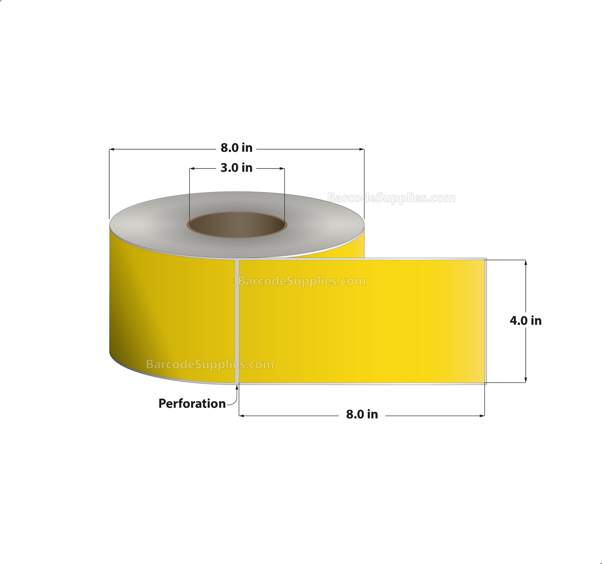 4 x 8 Thermal Transfer Pantone Yellow Labels With Permanent Adhesive - Perforated - 750 Labels Per Roll - Carton Of 4 Rolls - 3000 Labels Total - MPN: RFC-4-8-750-YL