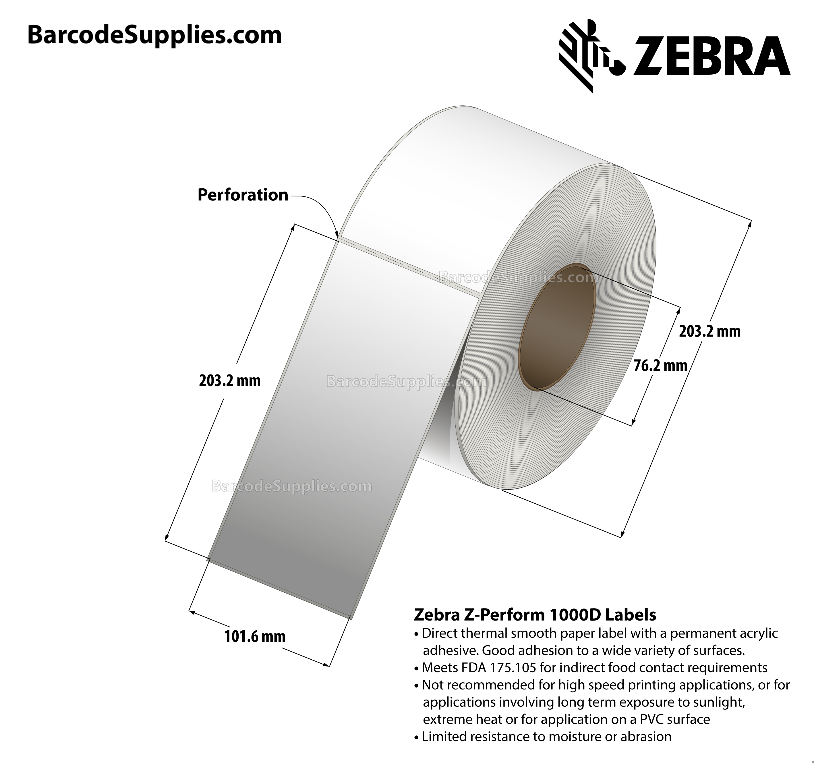 4 x 8 Direct Thermal White Z-Perform 1000D Labels With Permanent Adhesive - Perforated - 750 Labels Per Roll - Carton Of 4 Rolls - 3000 Labels Total - MPN: 10023701