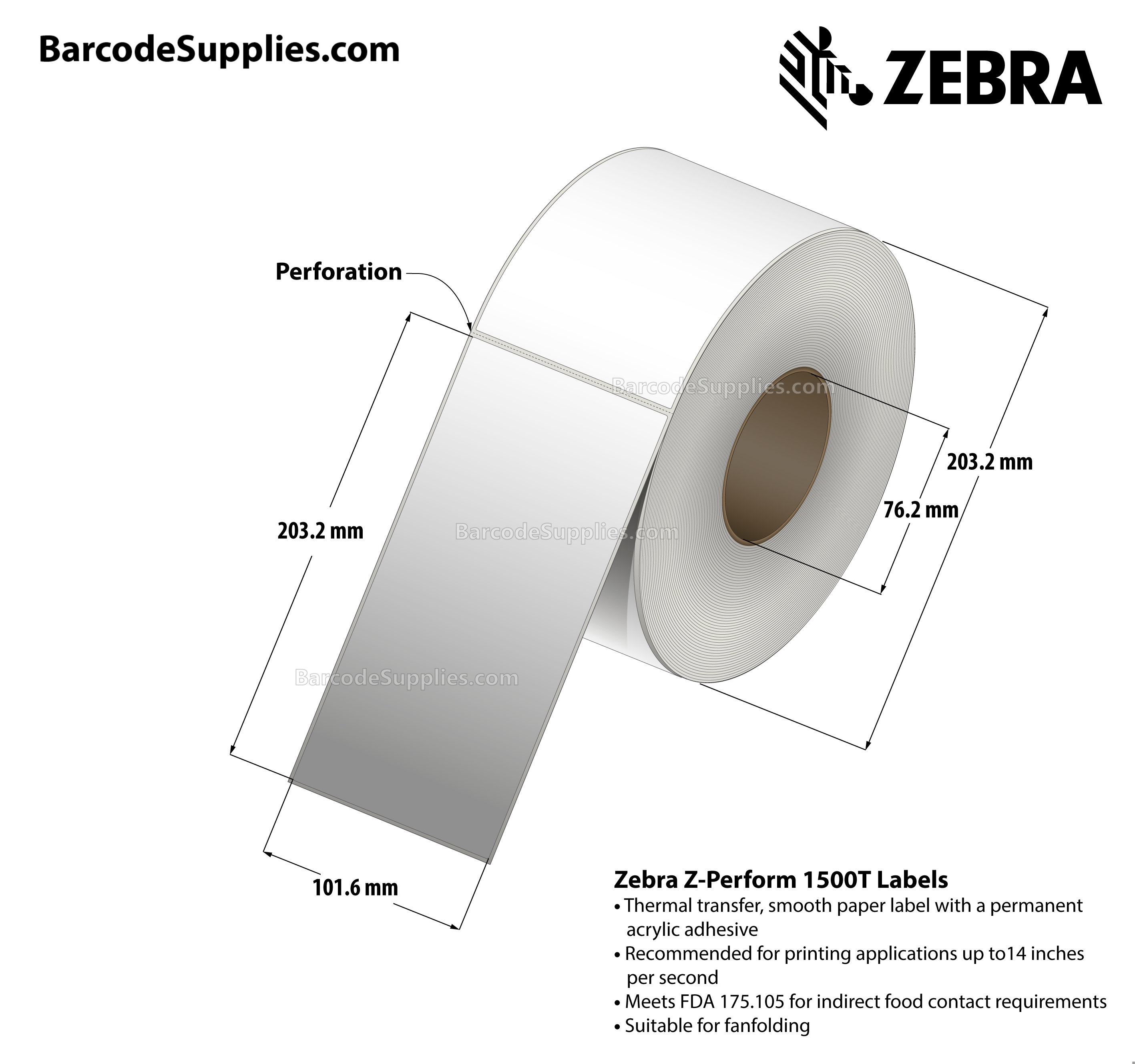 4 x 8 Thermal Transfer White Z-Perform 1500T Labels With Permanent Adhesive - Perforated - 750 Labels Per Roll - Carton Of 4 Rolls - 3000 Labels Total - MPN: 10021228