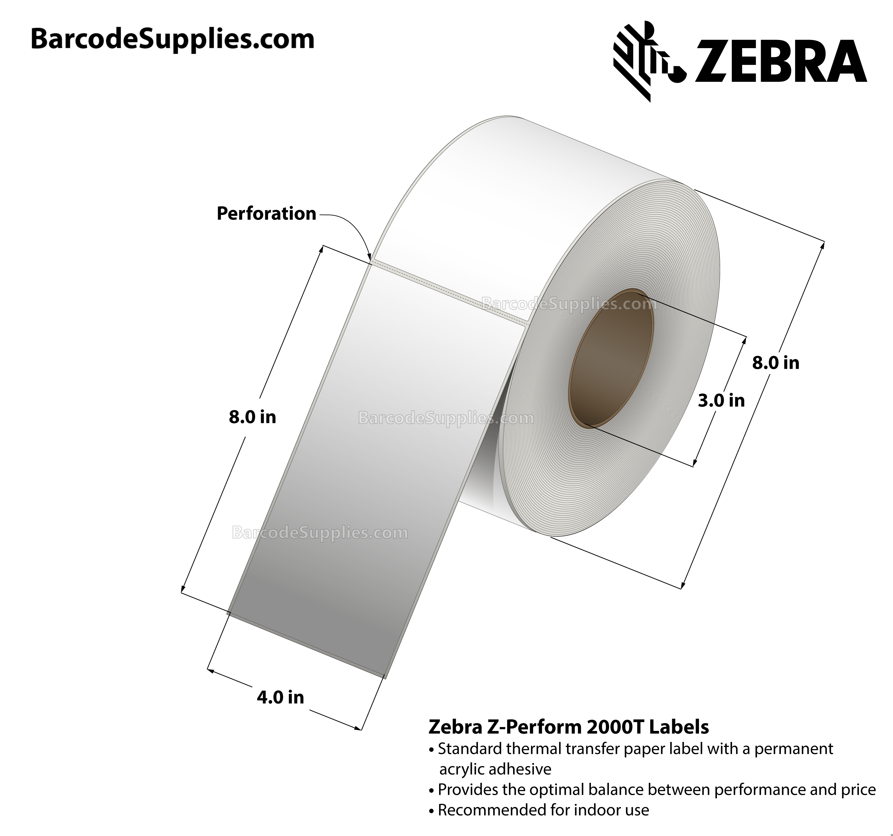 4 x 8 Thermal Transfer White Z-Perform 2000T Labels With Permanent Adhesive - Perforated - 750 Labels Per Roll - Carton Of 4 Rolls - 3000 Labels Total - MPN: 10014013