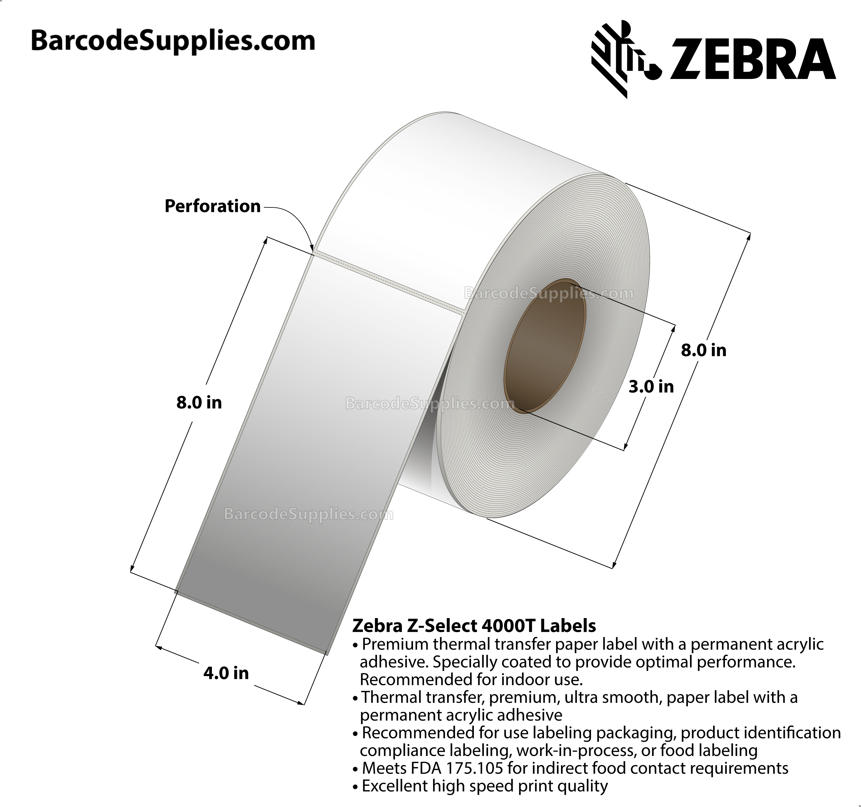 4 x 8 Thermal Transfer White Z-Select 4000T Labels With Permanent Adhesive - Perforated - 690 Labels Per Roll - Carton Of 4 Rolls - 2760 Labels Total - MPN: 98963