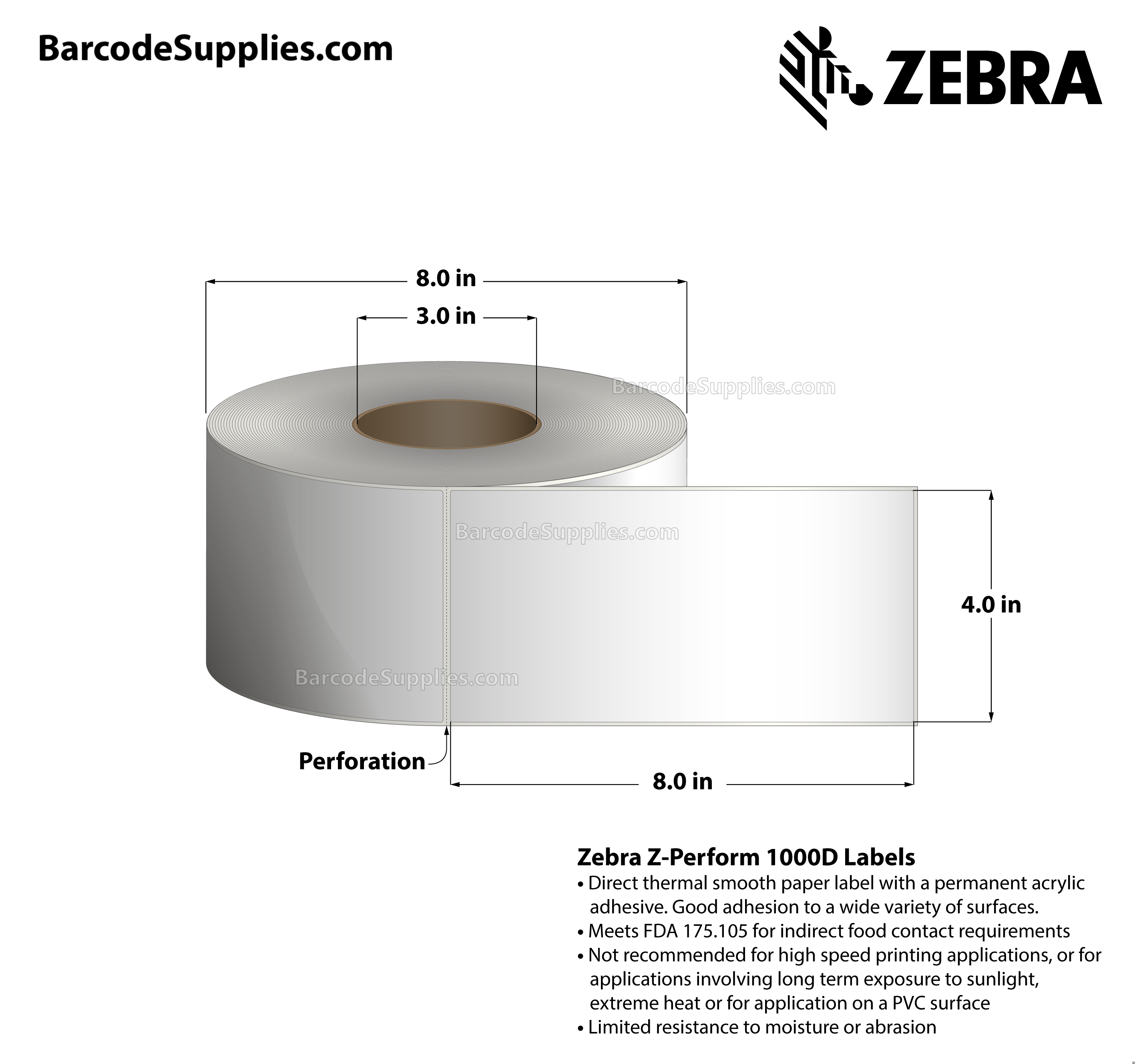 4 x 8 Direct Thermal White Z-Perform 1000D Labels With Permanent Adhesive - Perforated - 750 Labels Per Roll - Carton Of 4 Rolls - 3000 Labels Total - MPN: 10023701