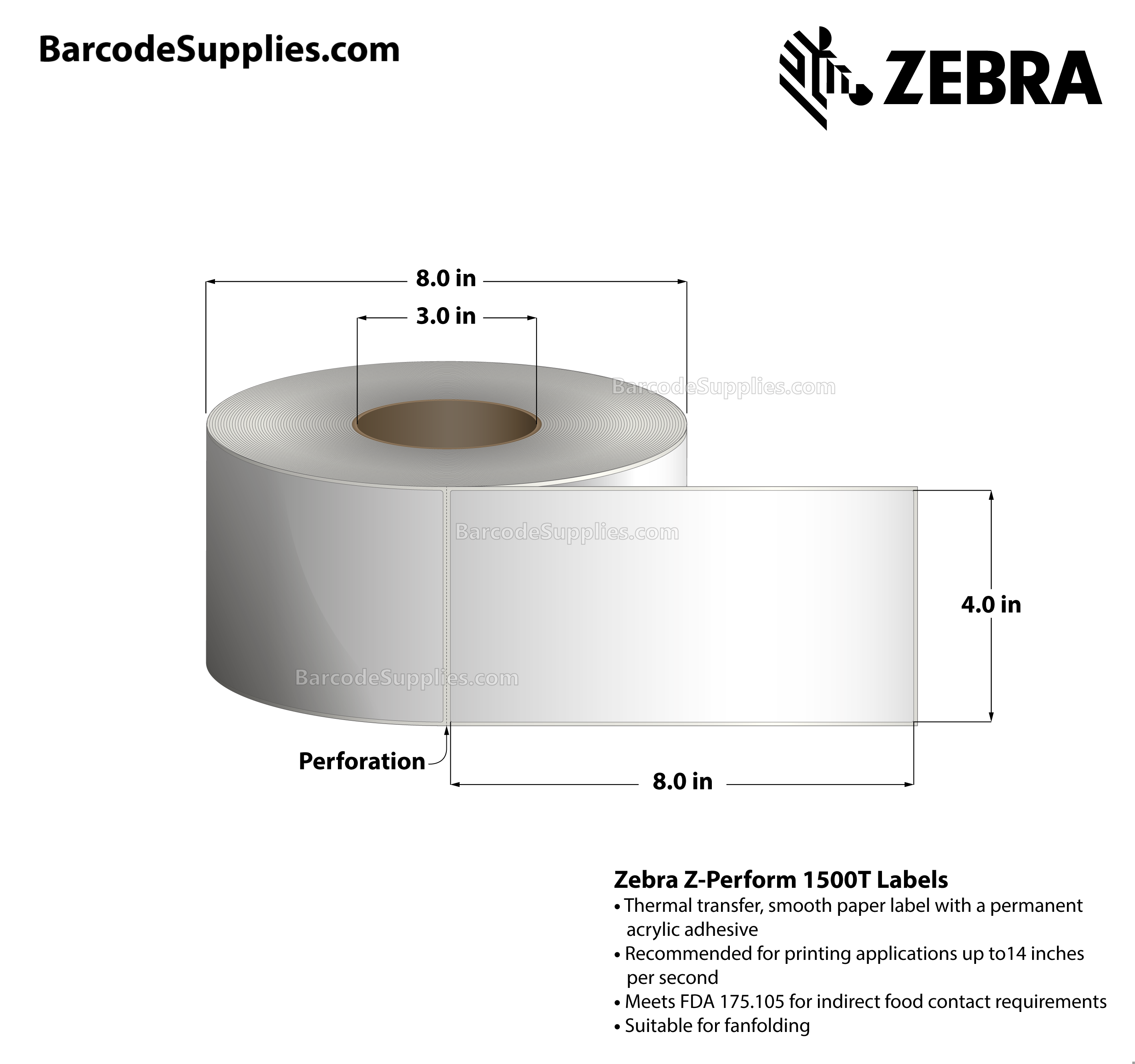 4 x 8 Thermal Transfer White Z-Perform 1500T Labels With Permanent Adhesive - Perforated - 750 Labels Per Roll - Carton Of 4 Rolls - 3000 Labels Total - MPN: 10021228