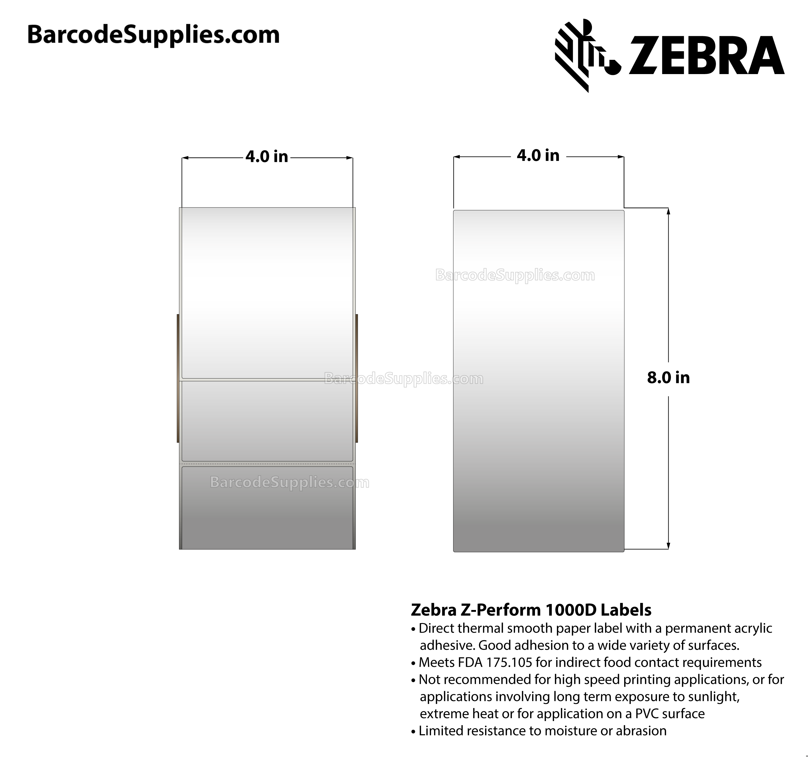 4 x 8 Direct Thermal White Z-Perform 1000D Labels With Permanent Adhesive - Perforated - 750 Labels Per Roll - Carton Of 4 Rolls - 3000 Labels Total - MPN: 10023701