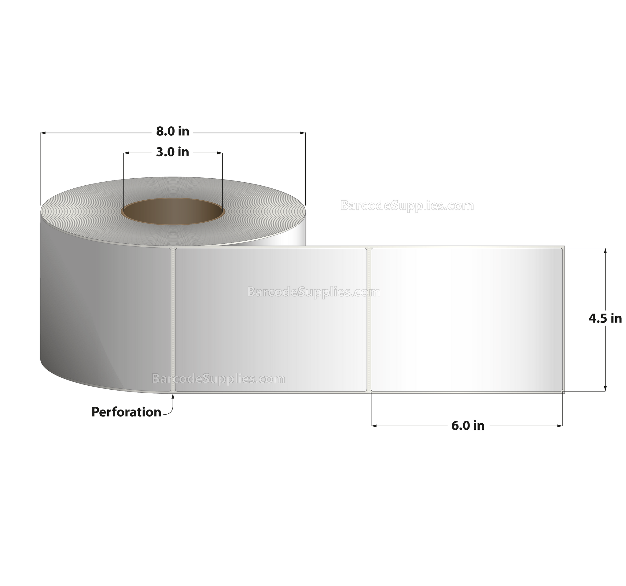 4.5 x 6 Thermal Transfer White Labels With Permanent Adhesive - Perforated - 995 Labels Per Roll - Carton Of 4 Rolls - 3980 Labels Total - MPN: RT-45-6-995-3